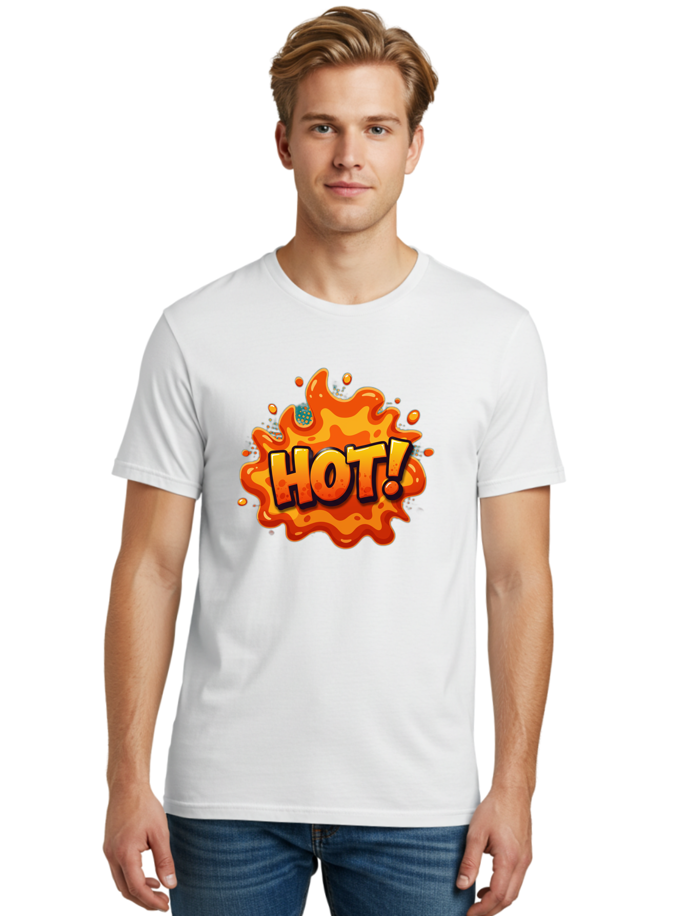 Hot-2 Men'S Graphic Tee, 100% Cotton, Comfortable Casual Summer Wear, Machine Washable, Hot Sauce, Spicy Food, Cartoon Style, Vibrant Colors, Splattered Design, Condiment, Bold Typography, Animated Art Baa801