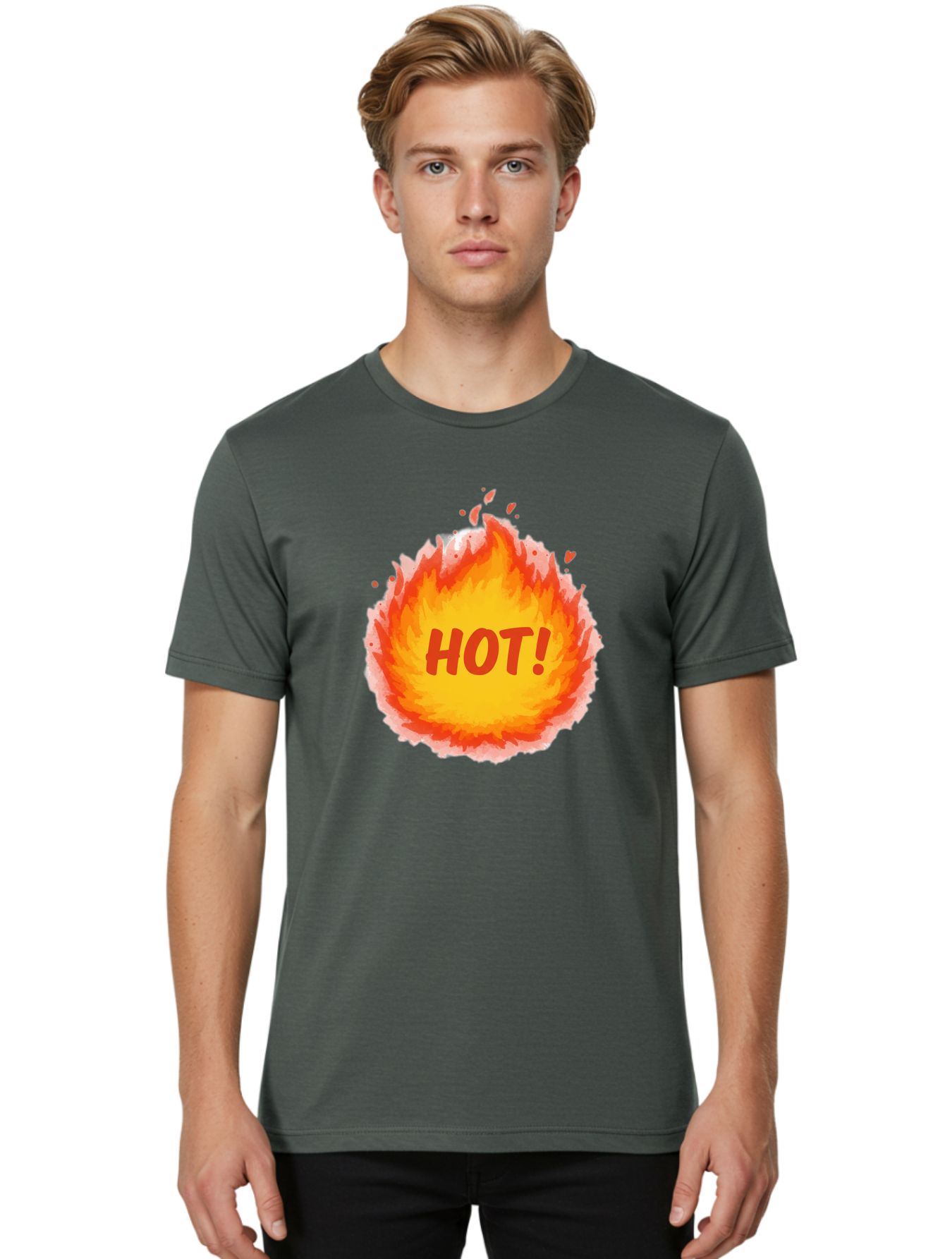 Hot-5 Men'S Graphic Tee, 100% Cotton, Comfortable Casual Summer Wear, Machine Washable, Fireball Graphic, Burning Flames, Hot Trending Topic, Fiery Passion, Intense Heat, Bold Red Letters, Vibrant Colors, Energetic Vibe, Baa804