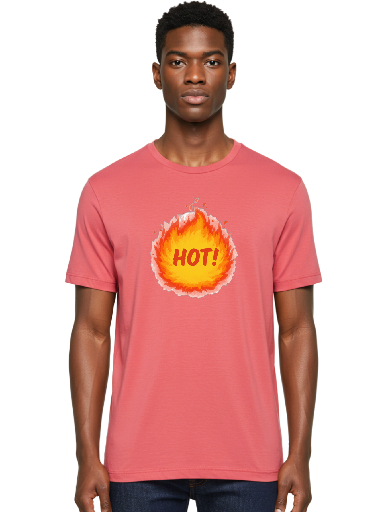 Hot-5 Men'S Graphic Tee, 100% Cotton, Comfortable Casual Summer Wear, Machine Washable, Fireball Graphic, Burning Flames, Hot Trending Topic, Fiery Passion, Intense Heat, Bold Red Letters, Vibrant Colors, Energetic Vibe, Baa804