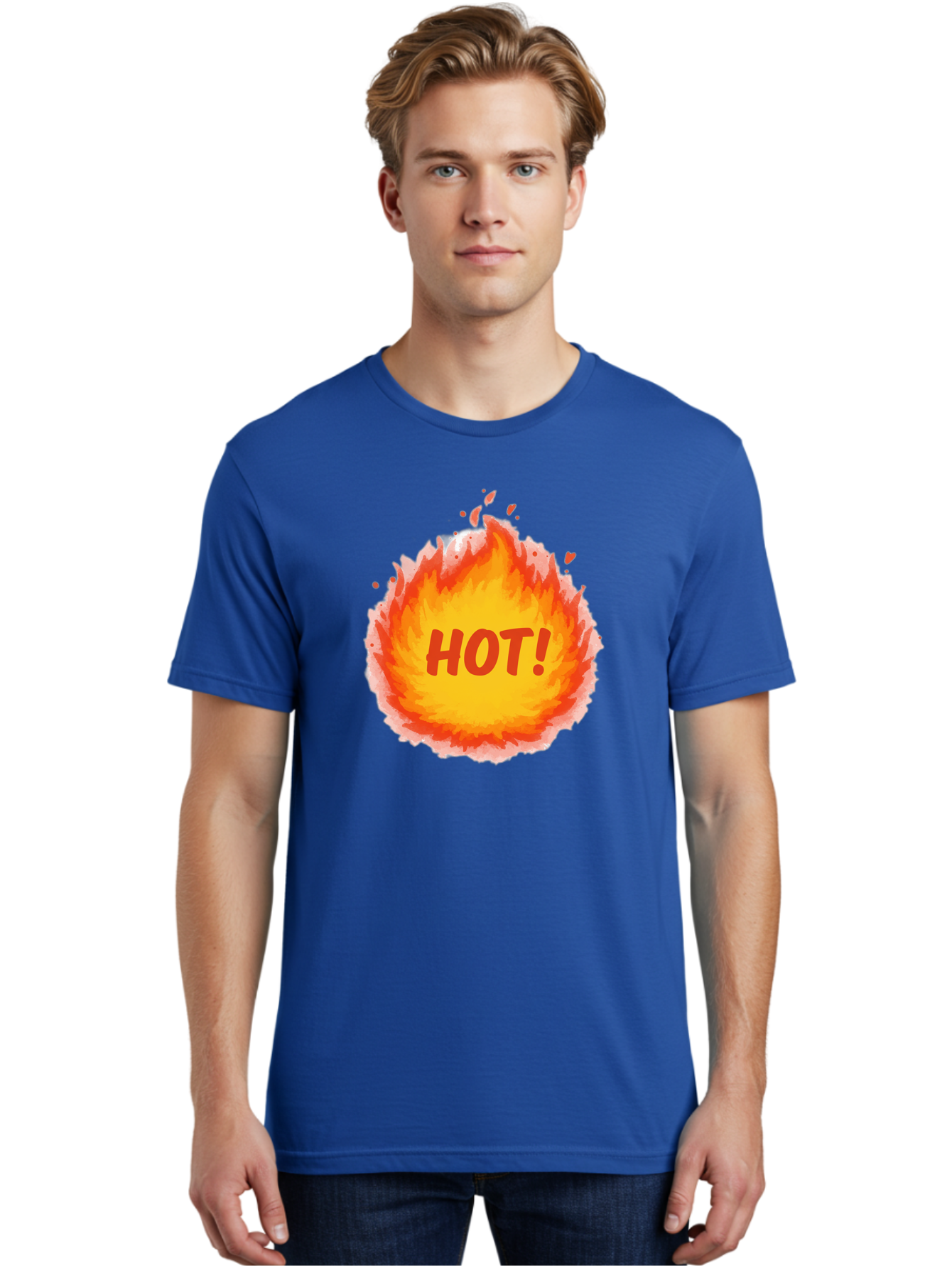 Hot-5 Men'S Graphic Tee, 100% Cotton, Comfortable Casual Summer Wear, Machine Washable, Fireball Graphic, Burning Flames, Hot Trending Topic, Fiery Passion, Intense Heat, Bold Red Letters, Vibrant Colors, Energetic Vibe, Baa804
