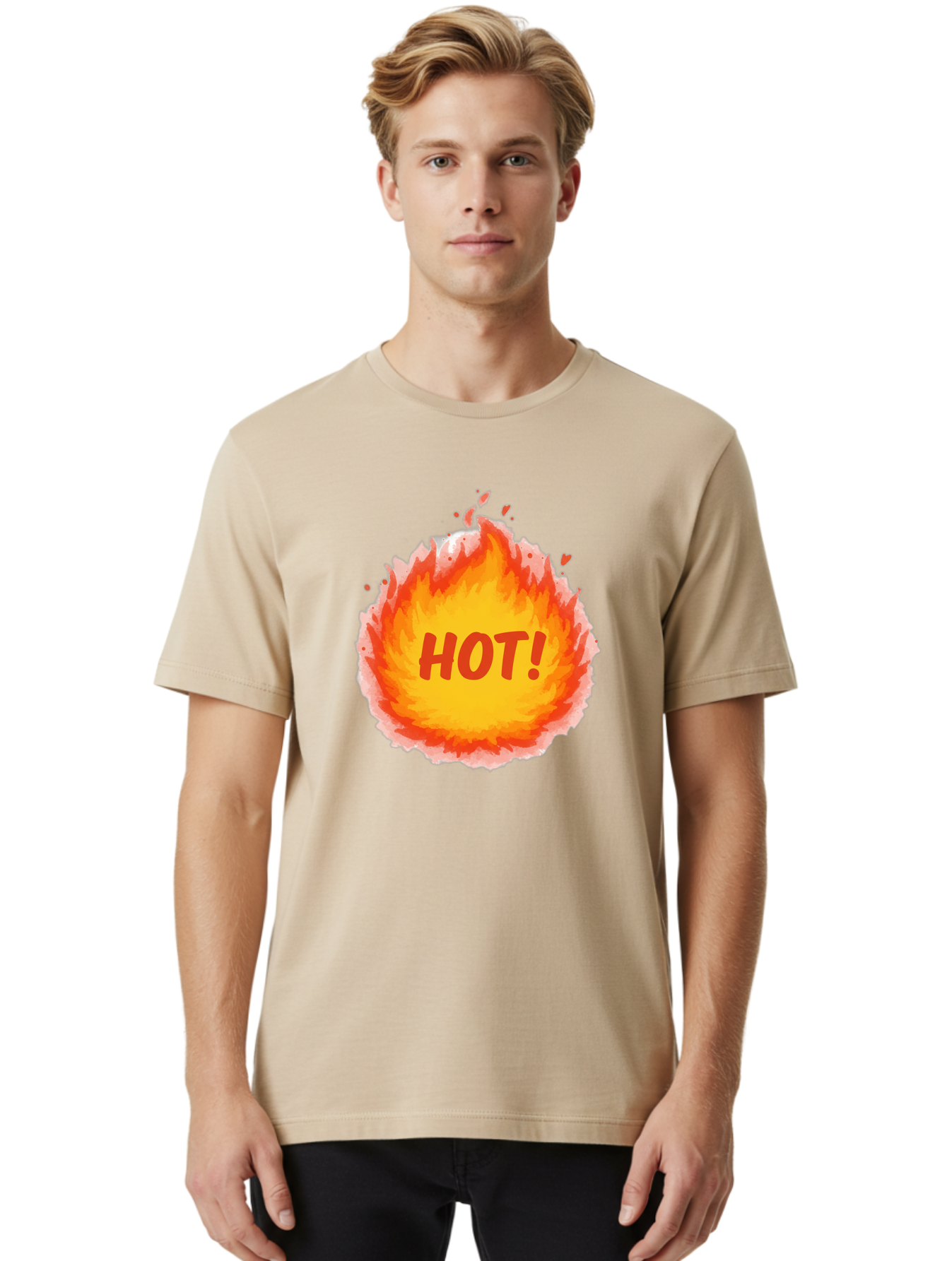 Hot-5 Men'S Graphic Tee, 100% Cotton, Comfortable Casual Summer Wear, Machine Washable, Fireball Graphic, Burning Flames, Hot Trending Topic, Fiery Passion, Intense Heat, Bold Red Letters, Vibrant Colors, Energetic Vibe, Baa804