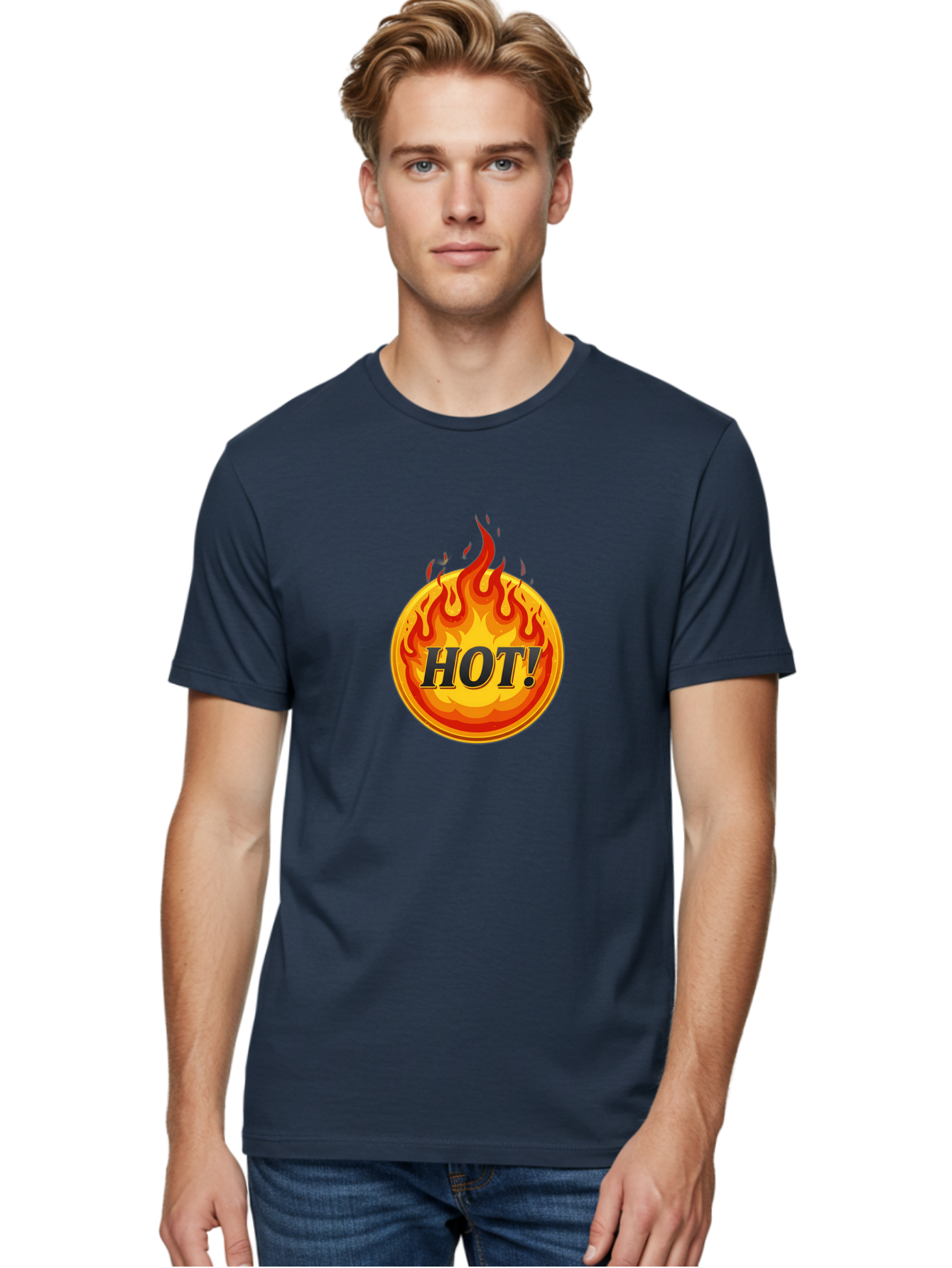 Hot-7 Men'S Graphic Tee, 100% Cotton, Comfortable Casual Summer Wear, Machine Washable, Flame Design, Fiery Graphic, Hot Item, Bold Typography, Fiery Theme, Hot! Text, Vibrant Colors, Energetic Vibe, Dynamic Illustration Baa806