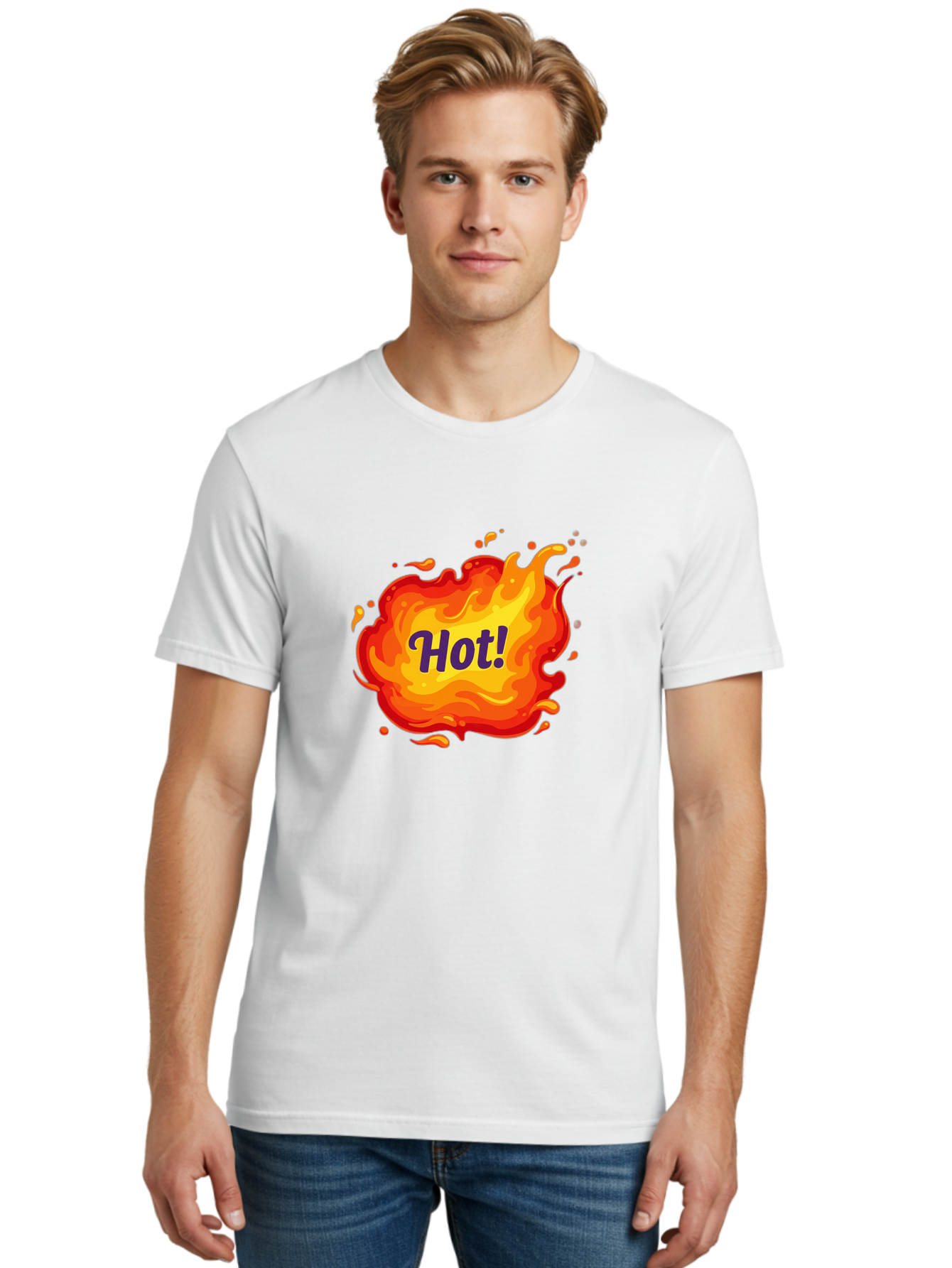 Hot-8 Men'S Graphic Tee, 100% Cotton, Comfortable Casual Summer Wear, Machine Washable, Hot!, Fiery Splatter, Vibrant Colors, Energetic Design, Attention-Grabbing Graphic, Bold Typography, Flames, Splashes, Dynamic Illustration Baa807