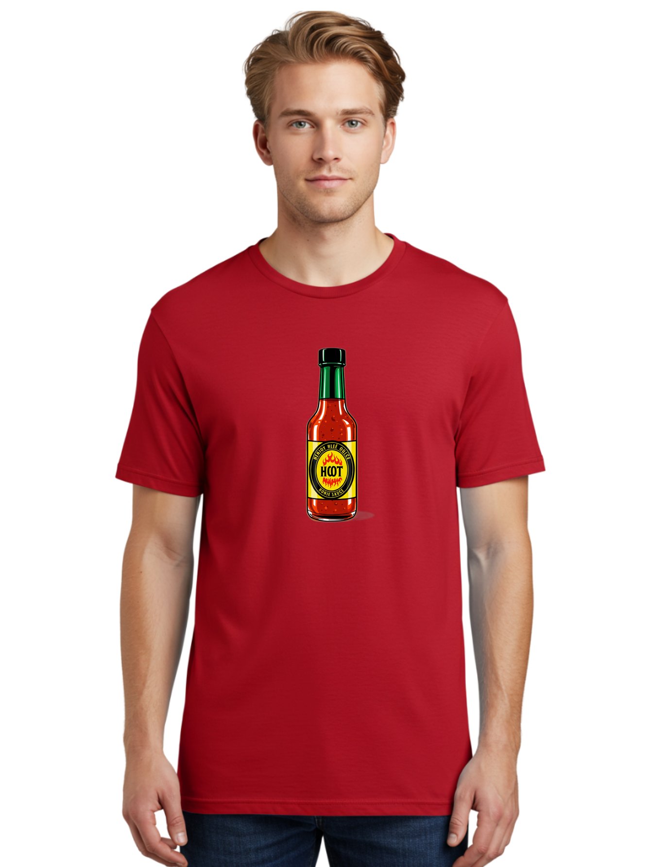 Hot-Hot-Sauce Men'S Graphic Tee, 100% Cotton, Comfortable Casual Summer Wear, Machine Washable, Hot Sauce Bottle, Spicy Condiment, Red Sauce, Black Cap, Bold Label, Brian Mee Duke, Flavorful Kick, Culinary Delight, Condiment, Hot Bomie Sauce Baa810