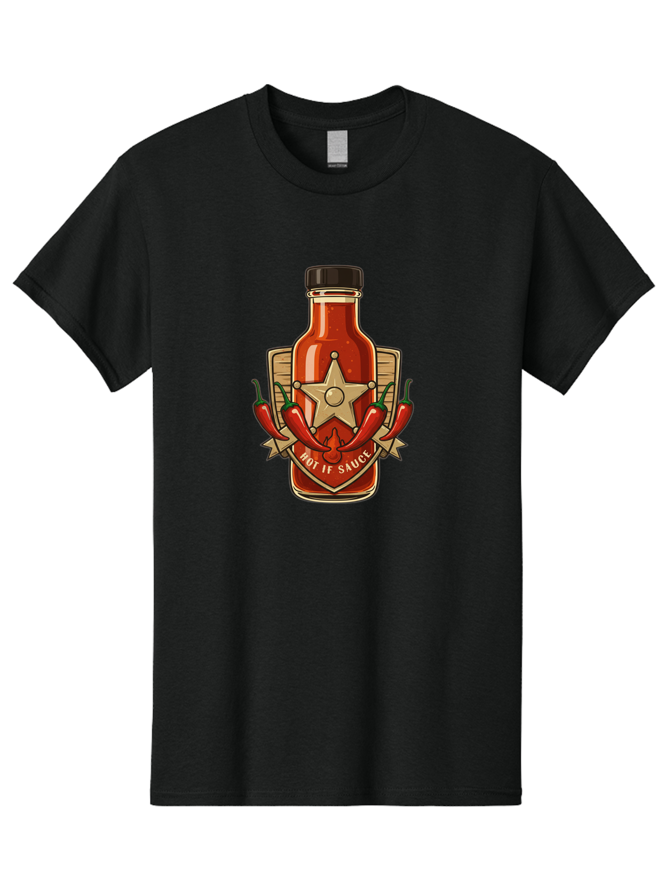 Hot-If-Sauce Men'S Graphic Tee, 100% Cotton, Comfortable Casual Summer Wear, Machine Washable, Hot Sauce Bottle, Spicy Condiment, Chili Peppers, Star Emblem, Vintage Label, Fiery Flavor, Savory Seasoning, Gourmet Cuisine Baa811