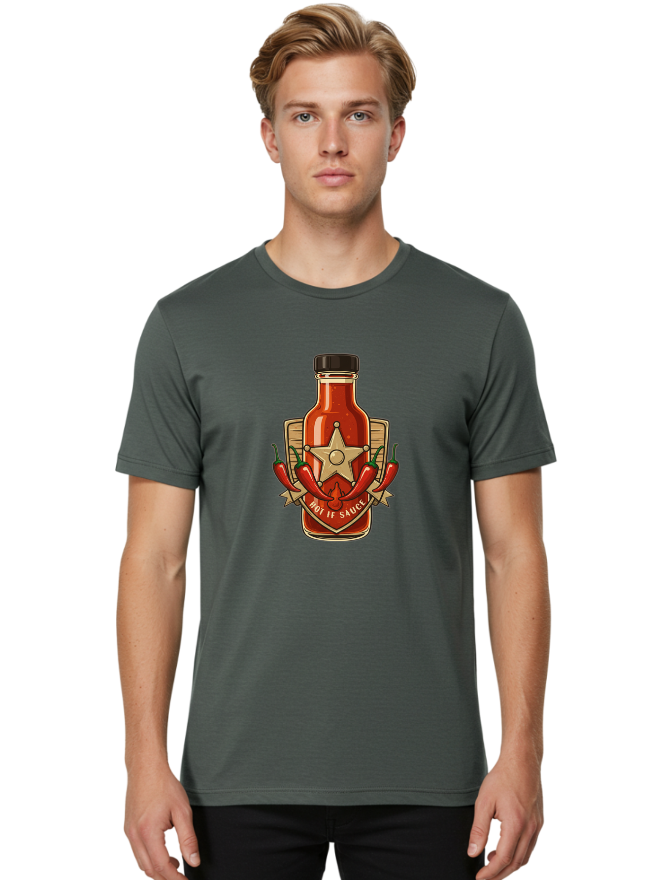 Hot-If-Sauce Men'S Graphic Tee, 100% Cotton, Comfortable Casual Summer Wear, Machine Washable, Hot Sauce Bottle, Spicy Condiment, Chili Peppers, Star Emblem, Vintage Label, Fiery Flavor, Savory Seasoning, Gourmet Cuisine Baa811