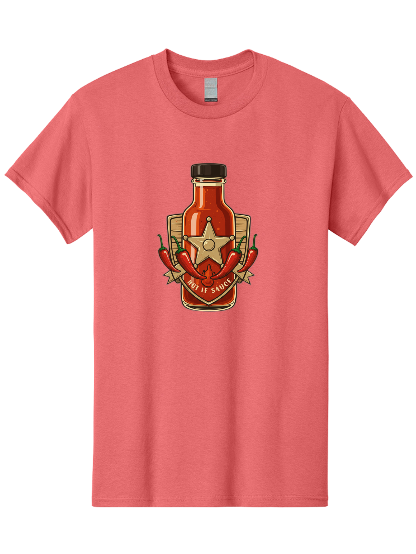 Hot-If-Sauce Men'S Graphic Tee, 100% Cotton, Comfortable Casual Summer Wear, Machine Washable, Hot Sauce Bottle, Spicy Condiment, Chili Peppers, Star Emblem, Vintage Label, Fiery Flavor, Savory Seasoning, Gourmet Cuisine Baa811