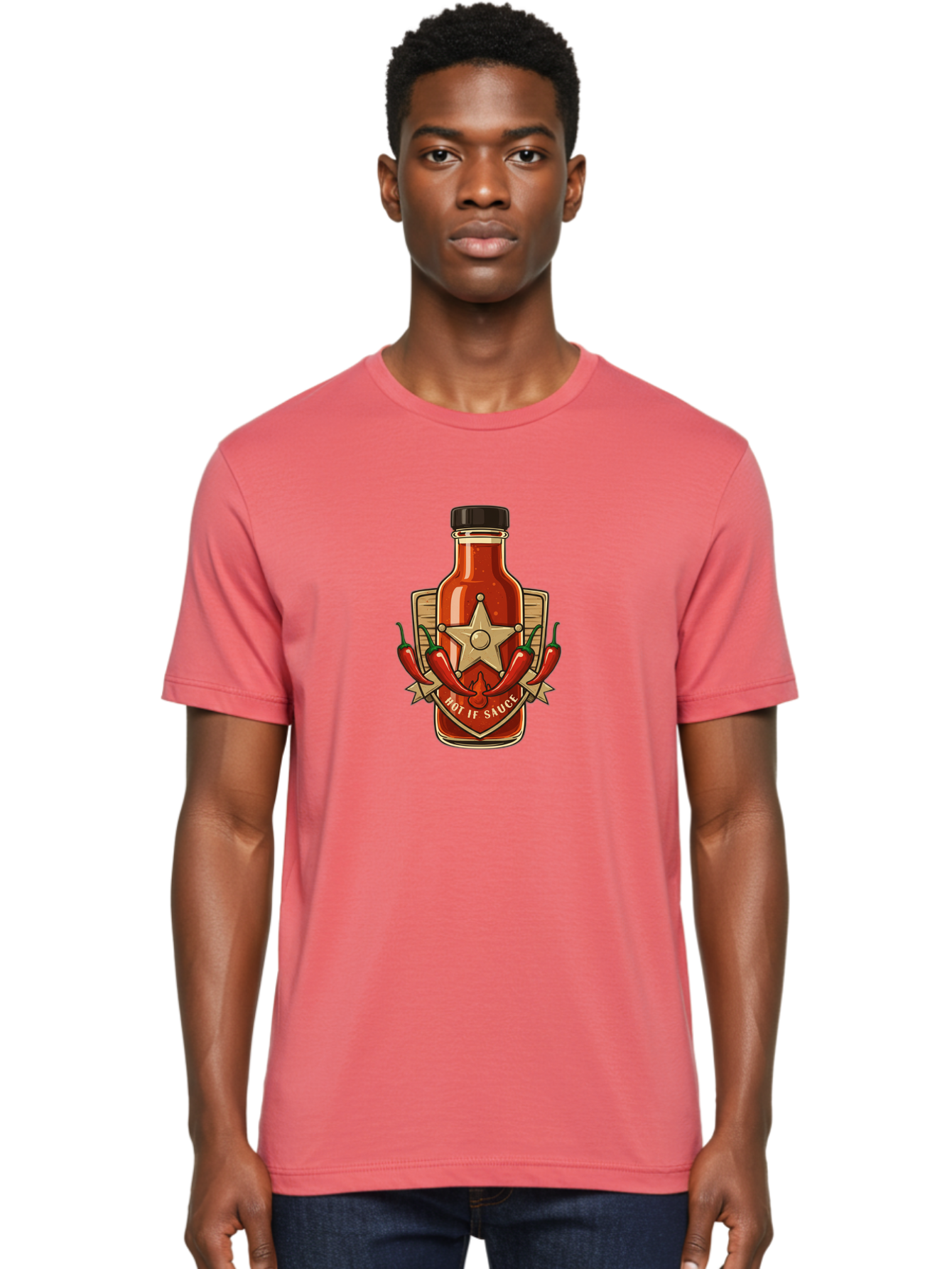 Hot-If-Sauce Men'S Graphic Tee, 100% Cotton, Comfortable Casual Summer Wear, Machine Washable, Hot Sauce Bottle, Spicy Condiment, Chili Peppers, Star Emblem, Vintage Label, Fiery Flavor, Savory Seasoning, Gourmet Cuisine Baa811