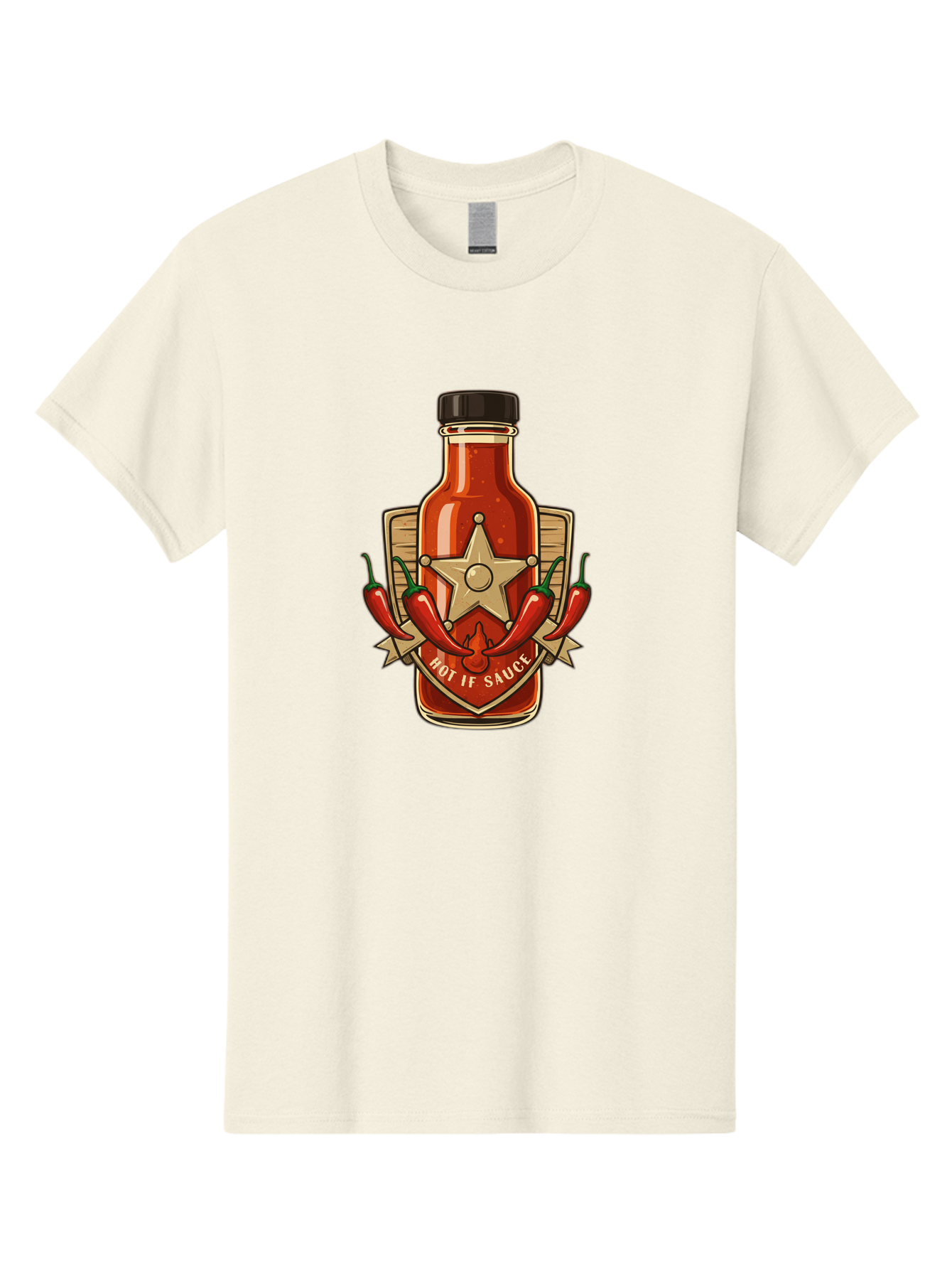Hot-If-Sauce Men'S Graphic Tee, 100% Cotton, Comfortable Casual Summer Wear, Machine Washable, Hot Sauce Bottle, Spicy Condiment, Chili Peppers, Star Emblem, Vintage Label, Fiery Flavor, Savory Seasoning, Gourmet Cuisine Baa811