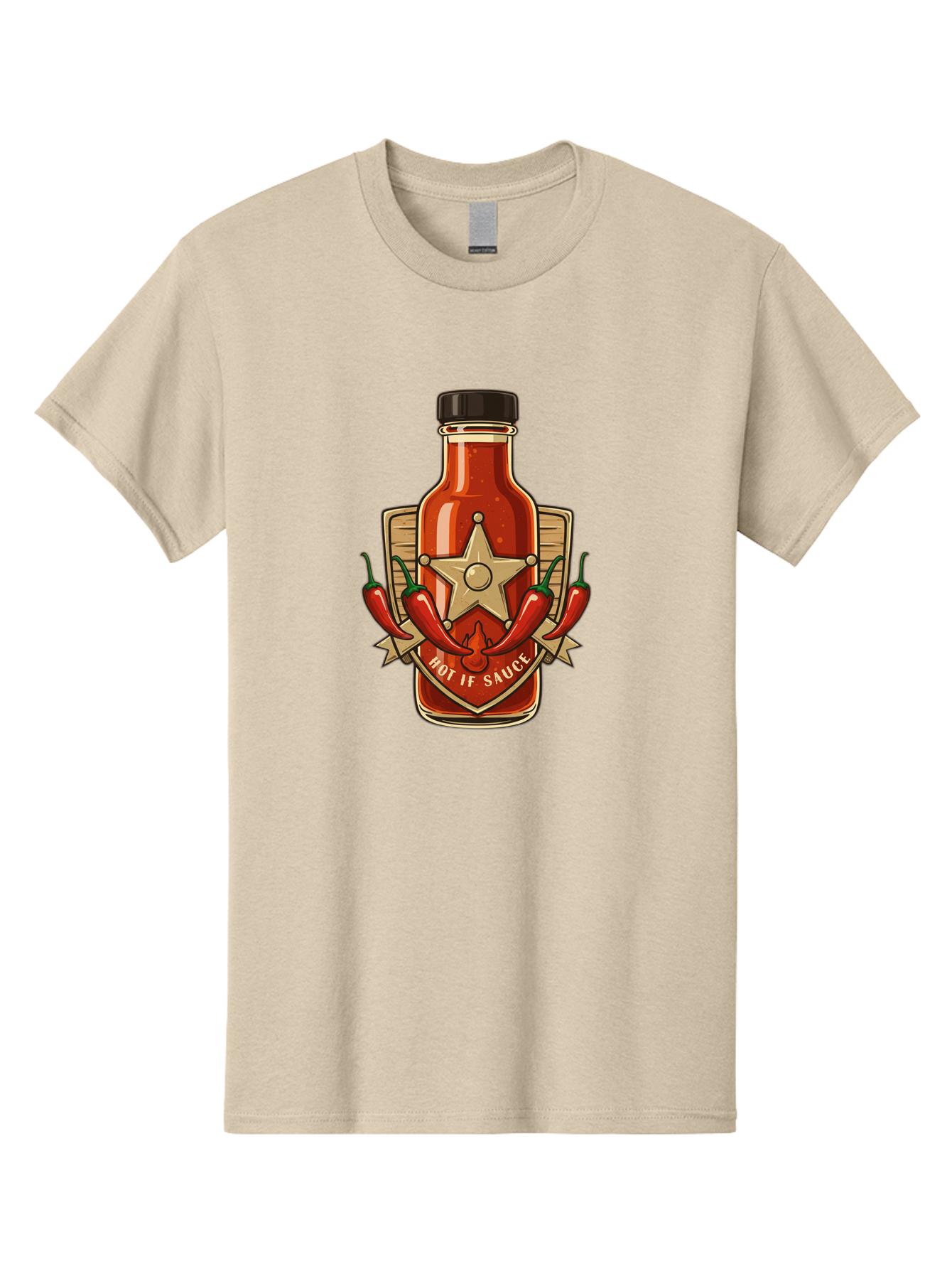 Hot-If-Sauce Men'S Graphic Tee, 100% Cotton, Comfortable Casual Summer Wear, Machine Washable, Hot Sauce Bottle, Spicy Condiment, Chili Peppers, Star Emblem, Vintage Label, Fiery Flavor, Savory Seasoning, Gourmet Cuisine Baa811