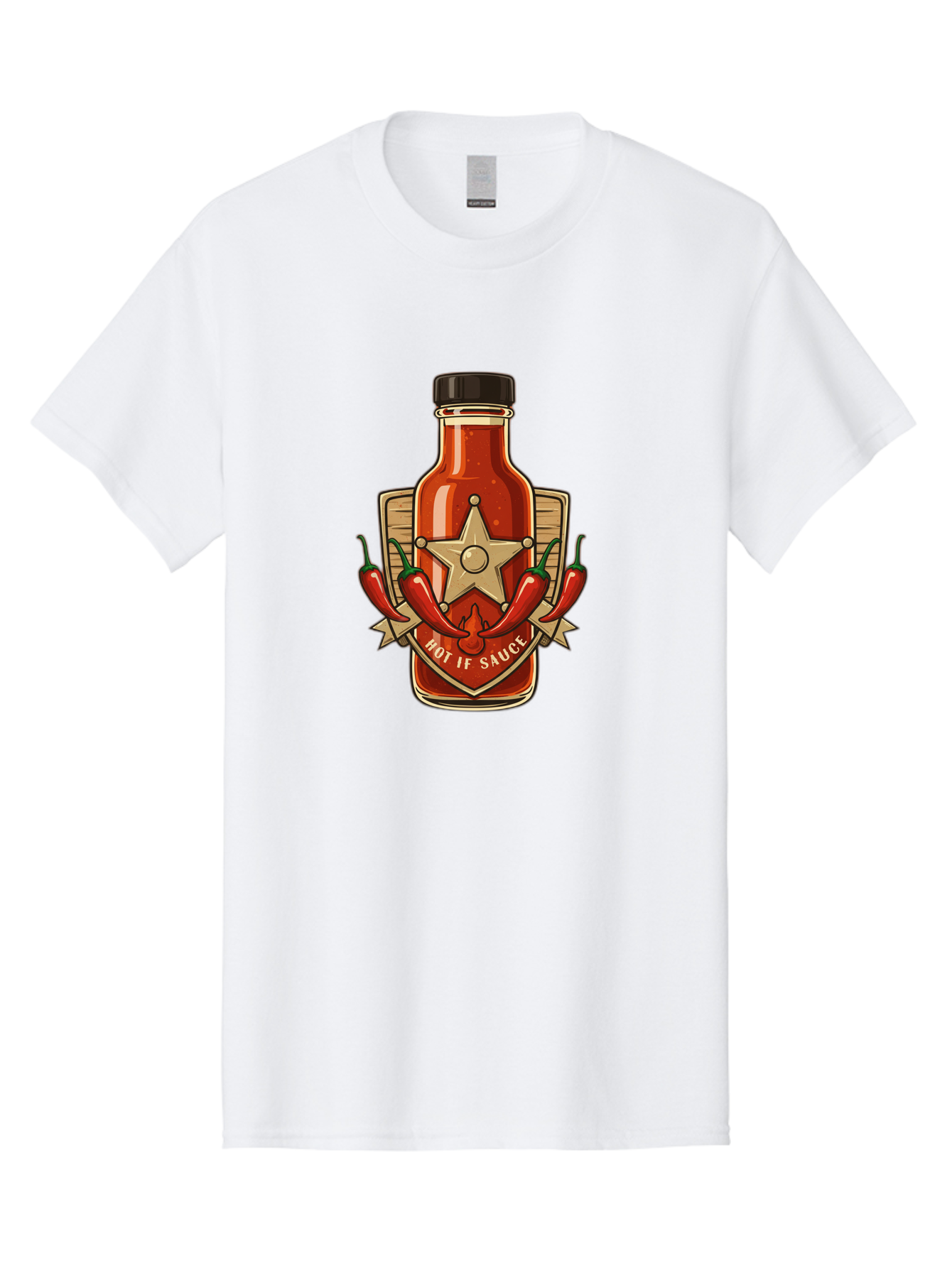 Hot-If-Sauce Men'S Graphic Tee, 100% Cotton, Comfortable Casual Summer Wear, Machine Washable, Hot Sauce Bottle, Spicy Condiment, Chili Peppers, Star Emblem, Vintage Label, Fiery Flavor, Savory Seasoning, Gourmet Cuisine Baa811