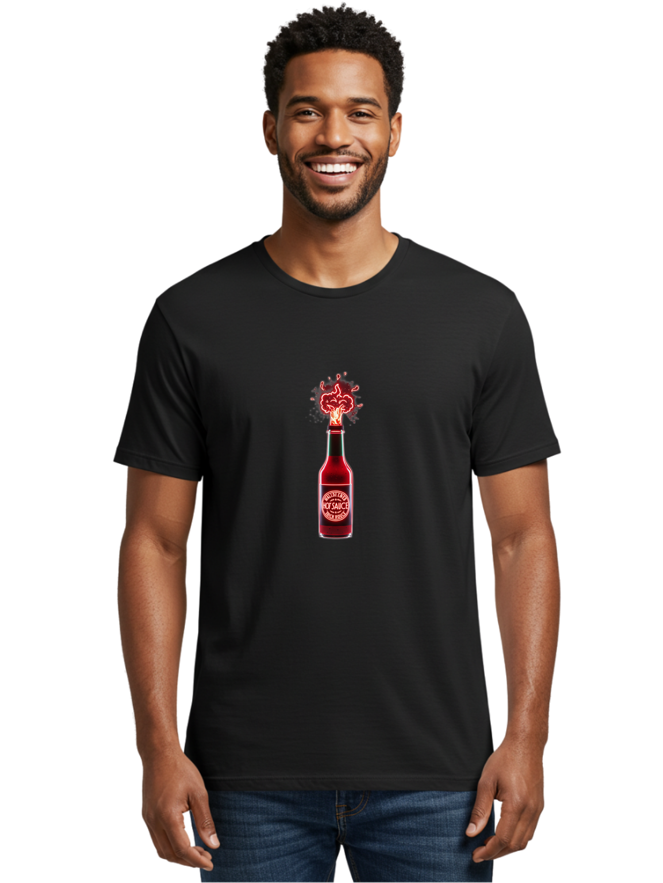 Hot-Sauce-1 Men'S Graphic Tee, 100% Cotton, Comfortable Casual Summer Wear, Machine Washable, Hot Sauce Bottle, Spicy Condiment, Fiery Explosion, Condiment Bottle, Hot Sauce Label, Spicy Food, Chili Peppers, Sauce Bottle Baa812