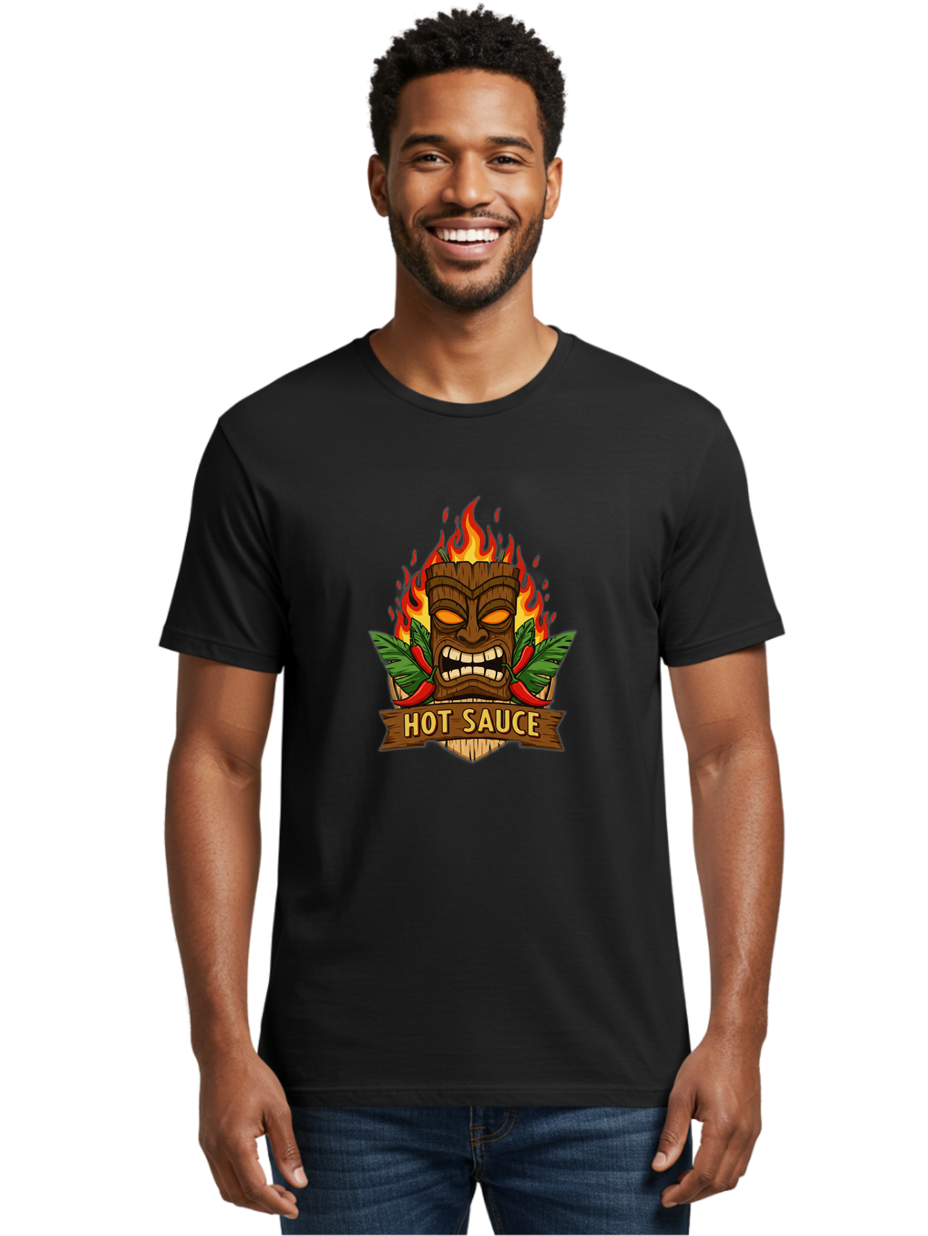 Hot-Sauce-10 Men'S Graphic Tee, 100% Cotton, Comfortable Casual Summer Wear, Machine Washable, Glowing Tiki Mask, Fiery Flames, Hot Sauce Branding, Chili Peppers, Spicy Food, Tropical Vibes, Condiment, Bbq Sauce, Food Logo Baa813