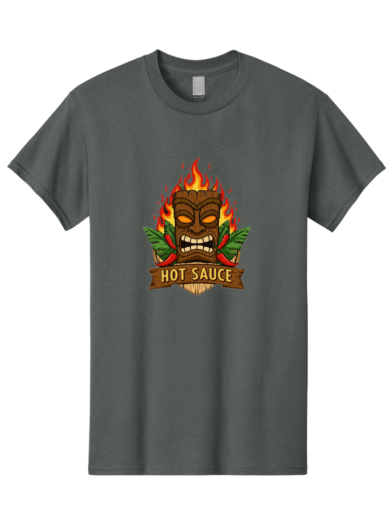 Hot-Sauce-10 Men'S Graphic Tee, 100% Cotton, Comfortable Casual Summer Wear, Machine Washable, Glowing Tiki Mask, Fiery Flames, Hot Sauce Branding, Chili Peppers, Spicy Food, Tropical Vibes, Condiment, Bbq Sauce, Food Logo Baa813