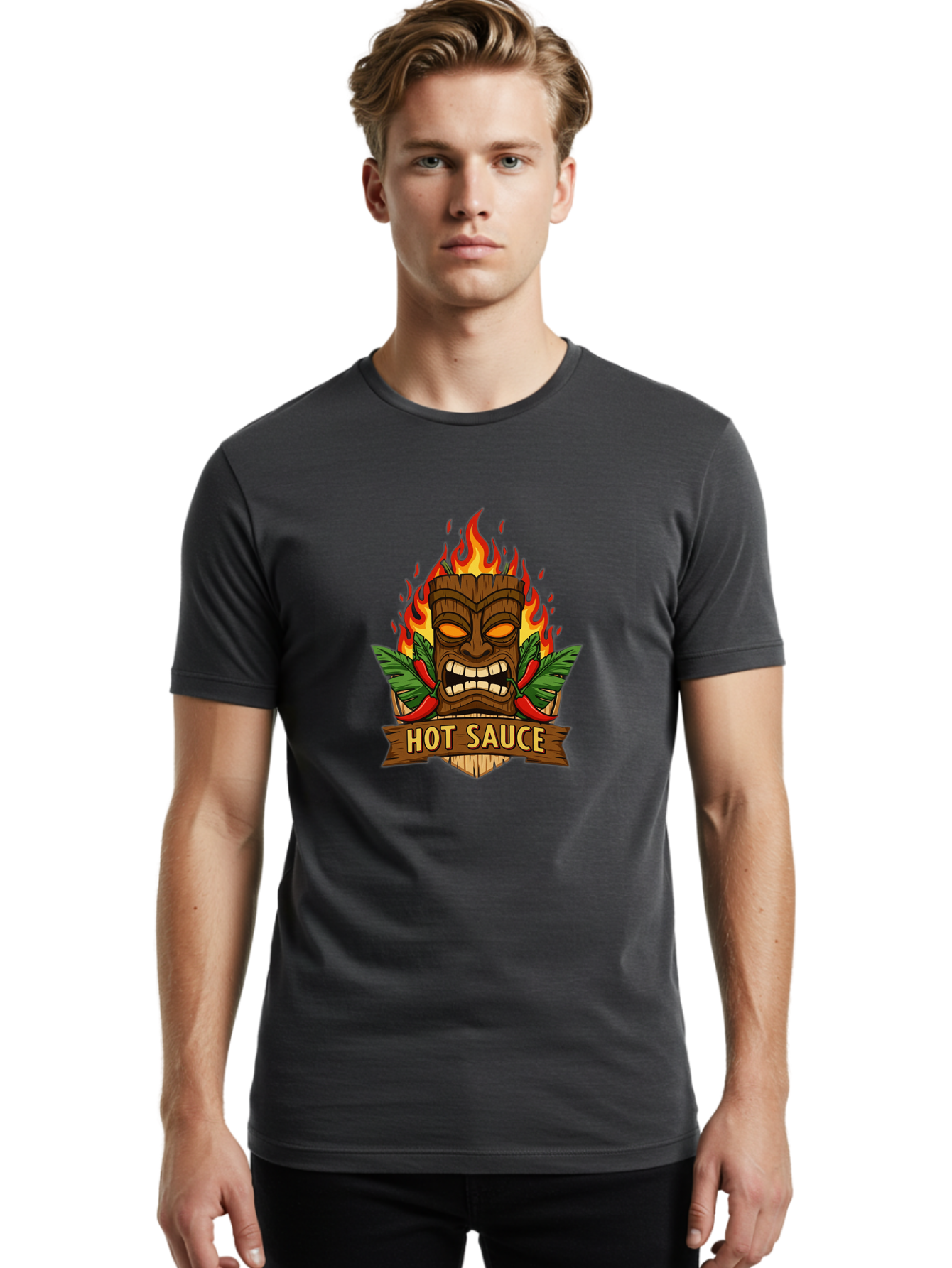 Hot-Sauce-10 Men'S Graphic Tee, 100% Cotton, Comfortable Casual Summer Wear, Machine Washable, Glowing Tiki Mask, Fiery Flames, Hot Sauce Branding, Chili Peppers, Spicy Food, Tropical Vibes, Condiment, Bbq Sauce, Food Logo Baa813