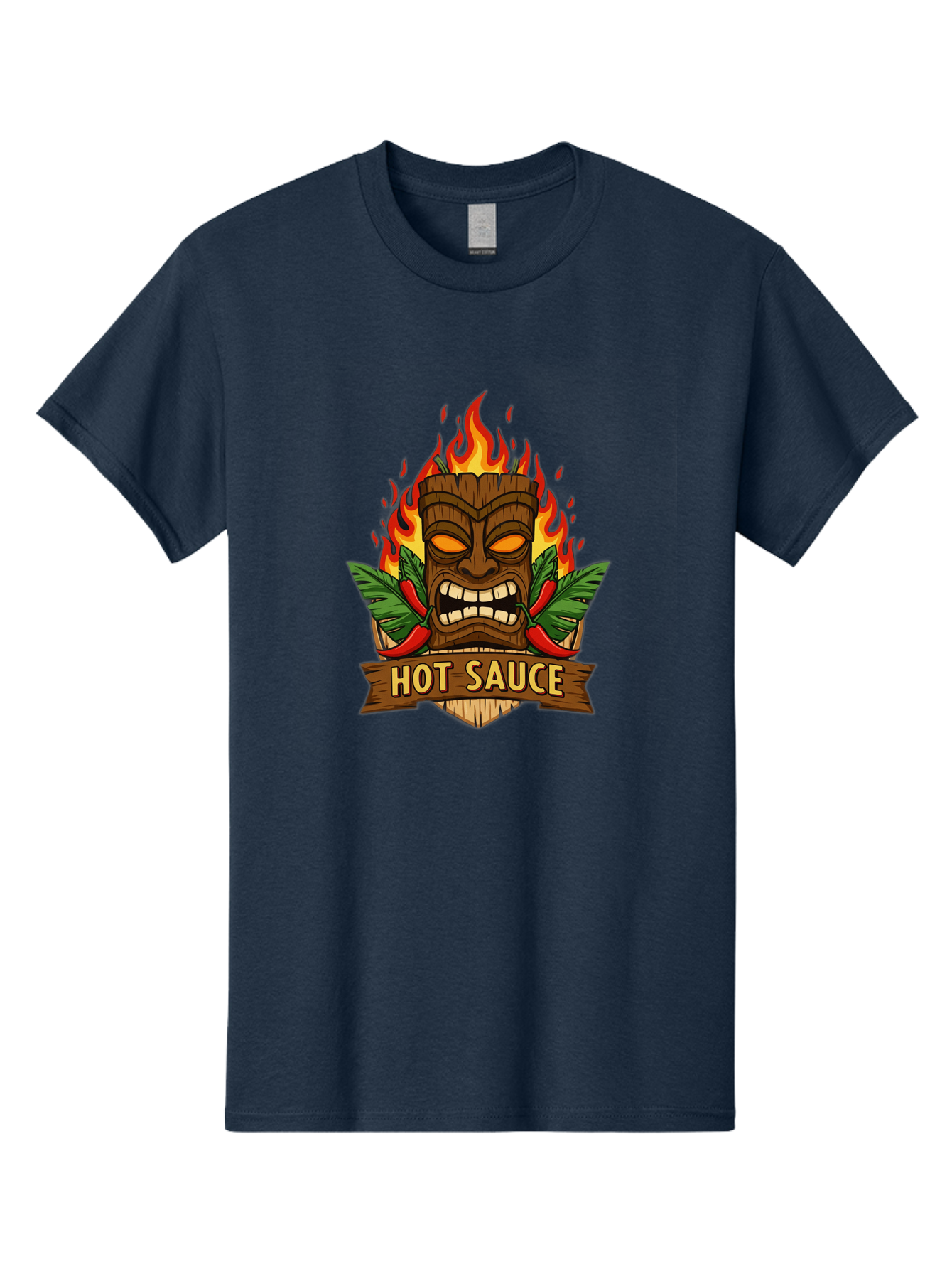 Hot-Sauce-10 Men'S Graphic Tee, 100% Cotton, Comfortable Casual Summer Wear, Machine Washable, Glowing Tiki Mask, Fiery Flames, Hot Sauce Branding, Chili Peppers, Spicy Food, Tropical Vibes, Condiment, Bbq Sauce, Food Logo Baa813
