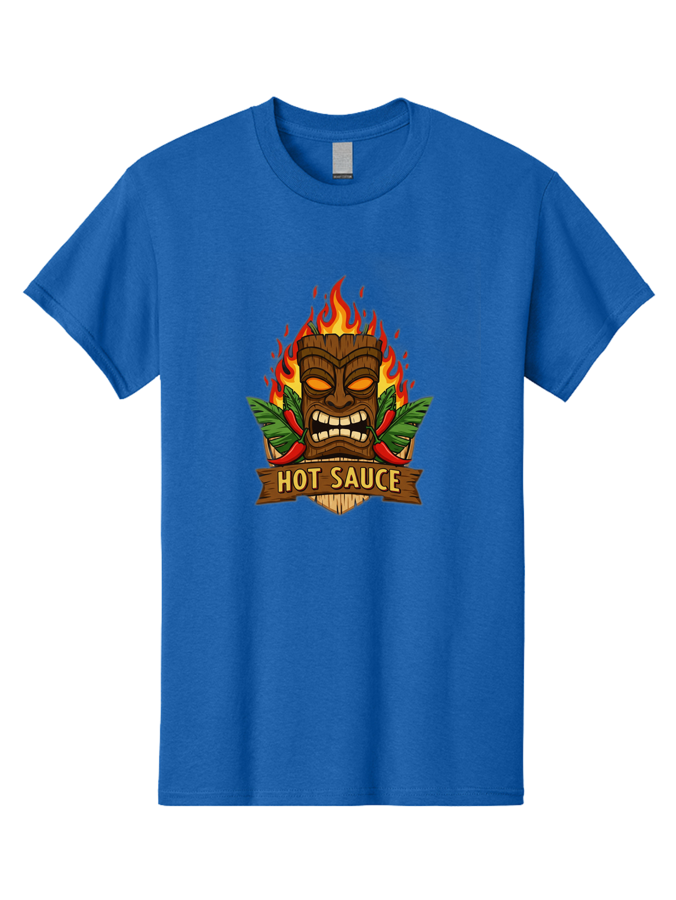 Hot-Sauce-10 Men'S Graphic Tee, 100% Cotton, Comfortable Casual Summer Wear, Machine Washable, Glowing Tiki Mask, Fiery Flames, Hot Sauce Branding, Chili Peppers, Spicy Food, Tropical Vibes, Condiment, Bbq Sauce, Food Logo Baa813