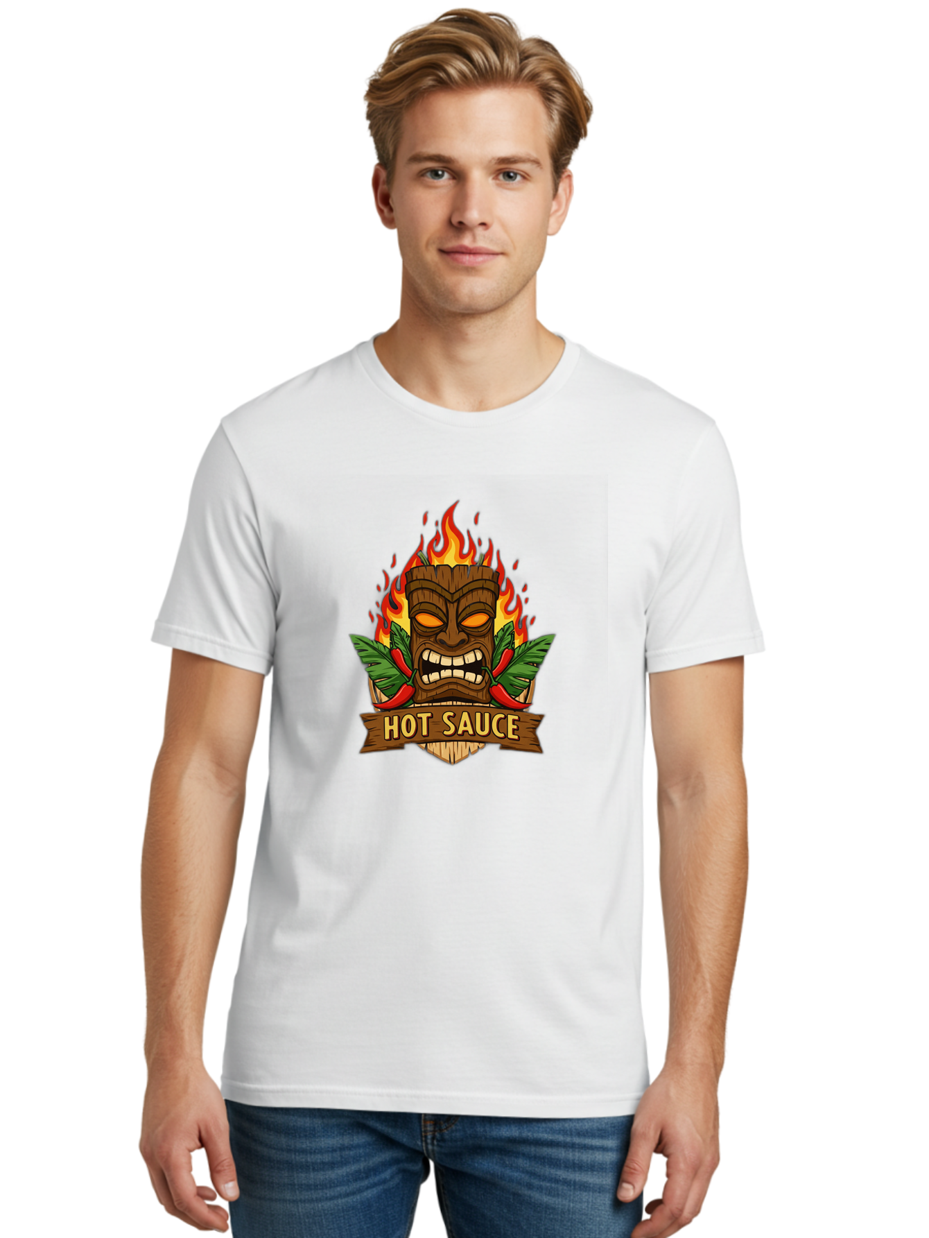 Hot-Sauce-10 Men'S Graphic Tee, 100% Cotton, Comfortable Casual Summer Wear, Machine Washable, Glowing Tiki Mask, Fiery Flames, Hot Sauce Branding, Chili Peppers, Spicy Food, Tropical Vibes, Condiment, Bbq Sauce, Food Logo Baa813