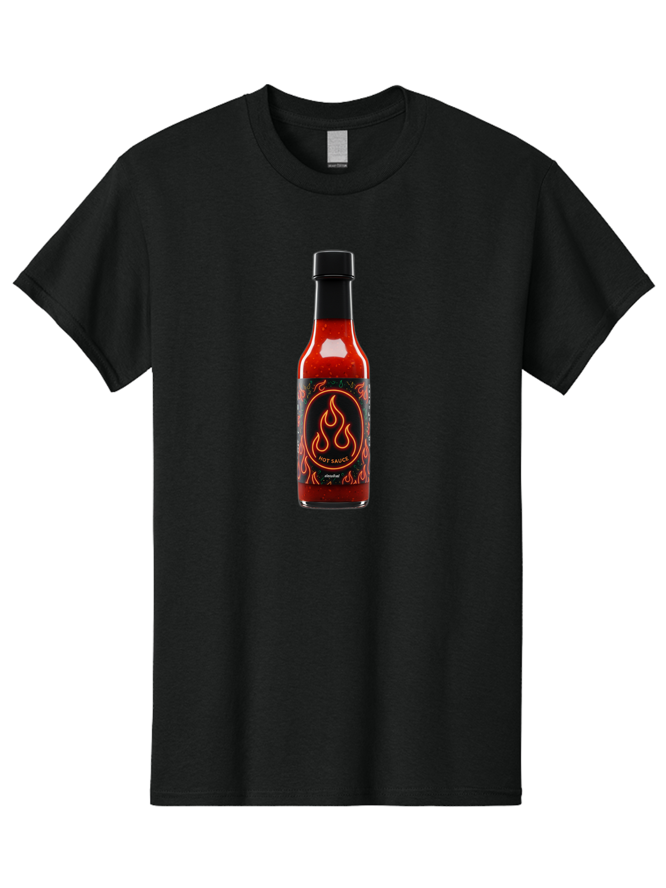 Hot-Sauce-2 Men'S Graphic Tee, 100% Cotton, Comfortable Casual Summer Wear, Machine Washable, Hot Sauce, Spicy Condiment, Chili Peppers, Red Sauce, Glass Bottle, Black Cap, Flame Design, Hot Sauce Bottle, Condiment Bottle, Spicy Food Baa814
