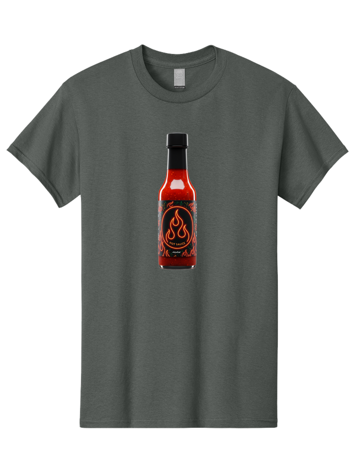 Hot-Sauce-2 Men'S Graphic Tee, 100% Cotton, Comfortable Casual Summer Wear, Machine Washable, Hot Sauce, Spicy Condiment, Chili Peppers, Red Sauce, Glass Bottle, Black Cap, Flame Design, Hot Sauce Bottle, Condiment Bottle, Spicy Food Baa814