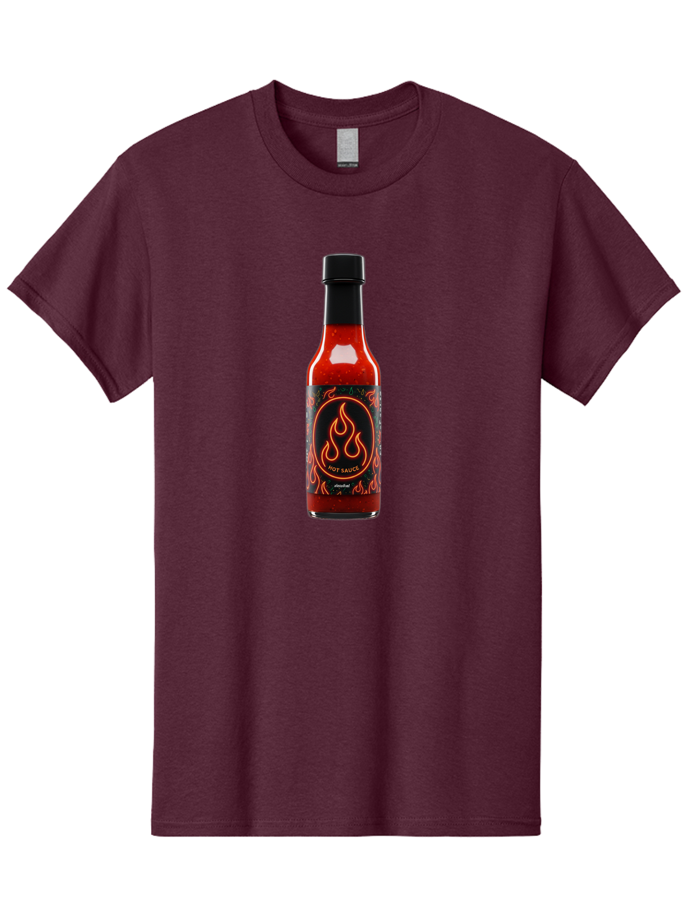 Hot-Sauce-2 Men'S Graphic Tee, 100% Cotton, Comfortable Casual Summer Wear, Machine Washable, Hot Sauce, Spicy Condiment, Chili Peppers, Red Sauce, Glass Bottle, Black Cap, Flame Design, Hot Sauce Bottle, Condiment Bottle, Spicy Food Baa814