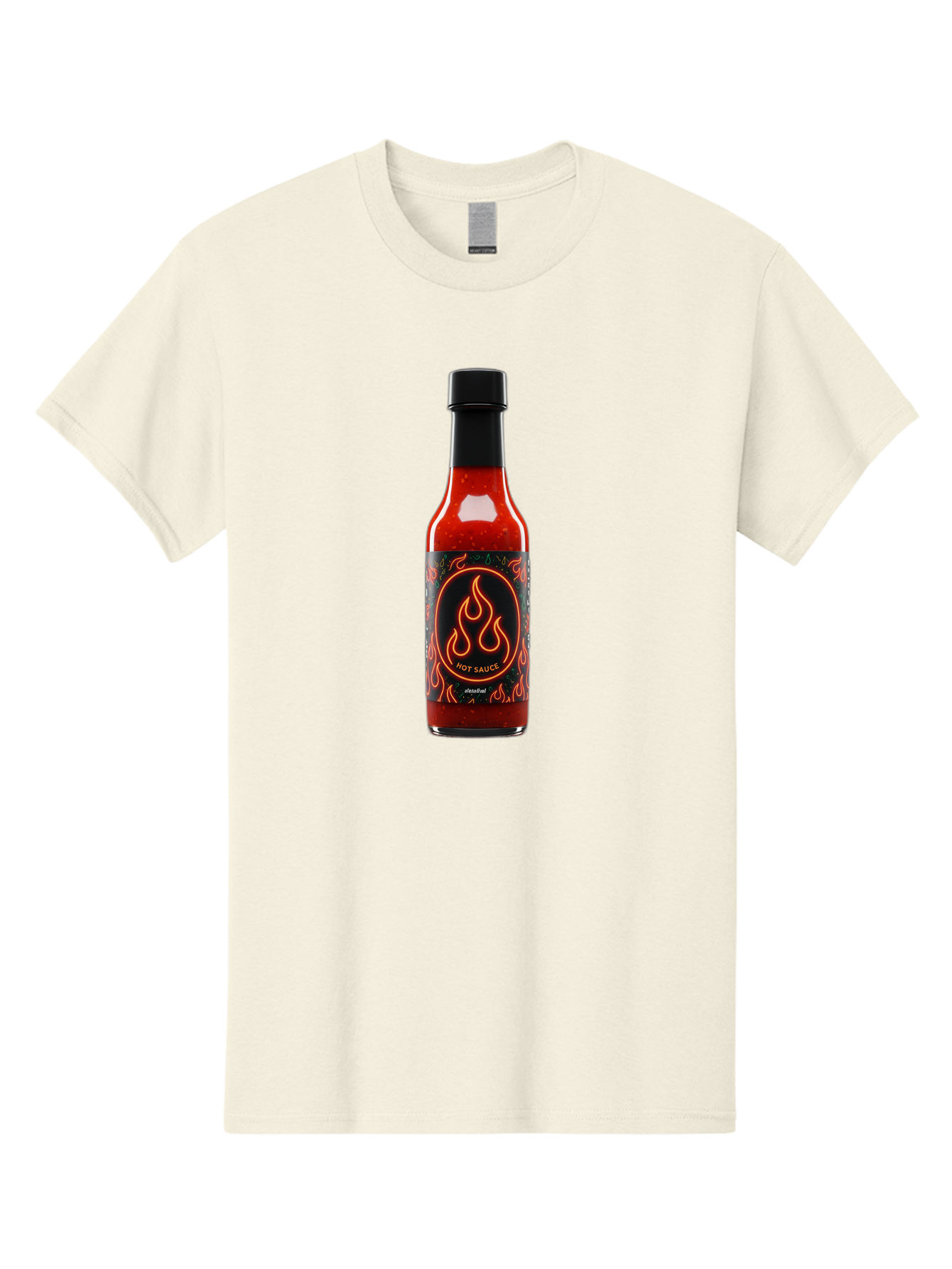 Hot-Sauce-2 Men'S Graphic Tee, 100% Cotton, Comfortable Casual Summer Wear, Machine Washable, Hot Sauce, Spicy Condiment, Chili Peppers, Red Sauce, Glass Bottle, Black Cap, Flame Design, Hot Sauce Bottle, Condiment Bottle, Spicy Food Baa814