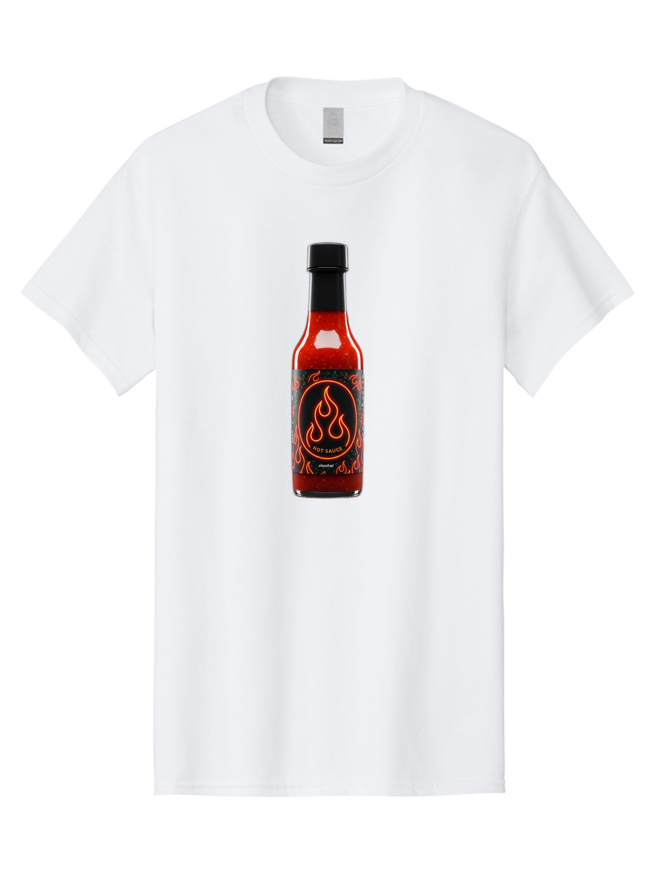 Hot-Sauce-2 Men'S Graphic Tee, 100% Cotton, Comfortable Casual Summer Wear, Machine Washable, Hot Sauce, Spicy Condiment, Chili Peppers, Red Sauce, Glass Bottle, Black Cap, Flame Design, Hot Sauce Bottle, Condiment Bottle, Spicy Food Baa814