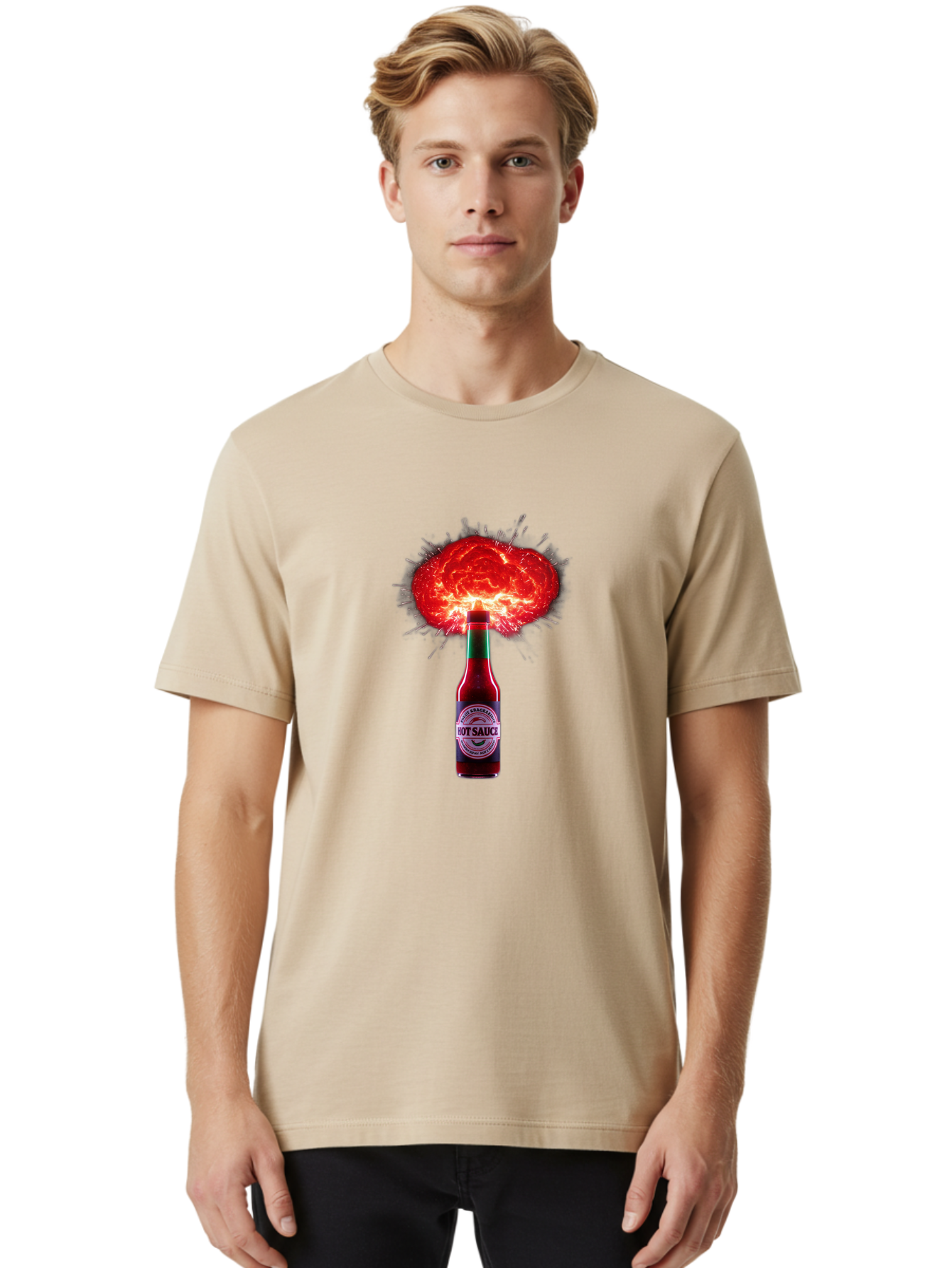 Hot-Sauce-4 Men'S Graphic Tee, 100% Cotton, Comfortable Casual Summer Wear, Machine Washable, Hot Sauce Bottle, Red Sauce Explosion, Spicy Condiment, Fiery Flavor, Hot Sauce, Condiment Explosion, Sauce, Hot, Spicy Baa816