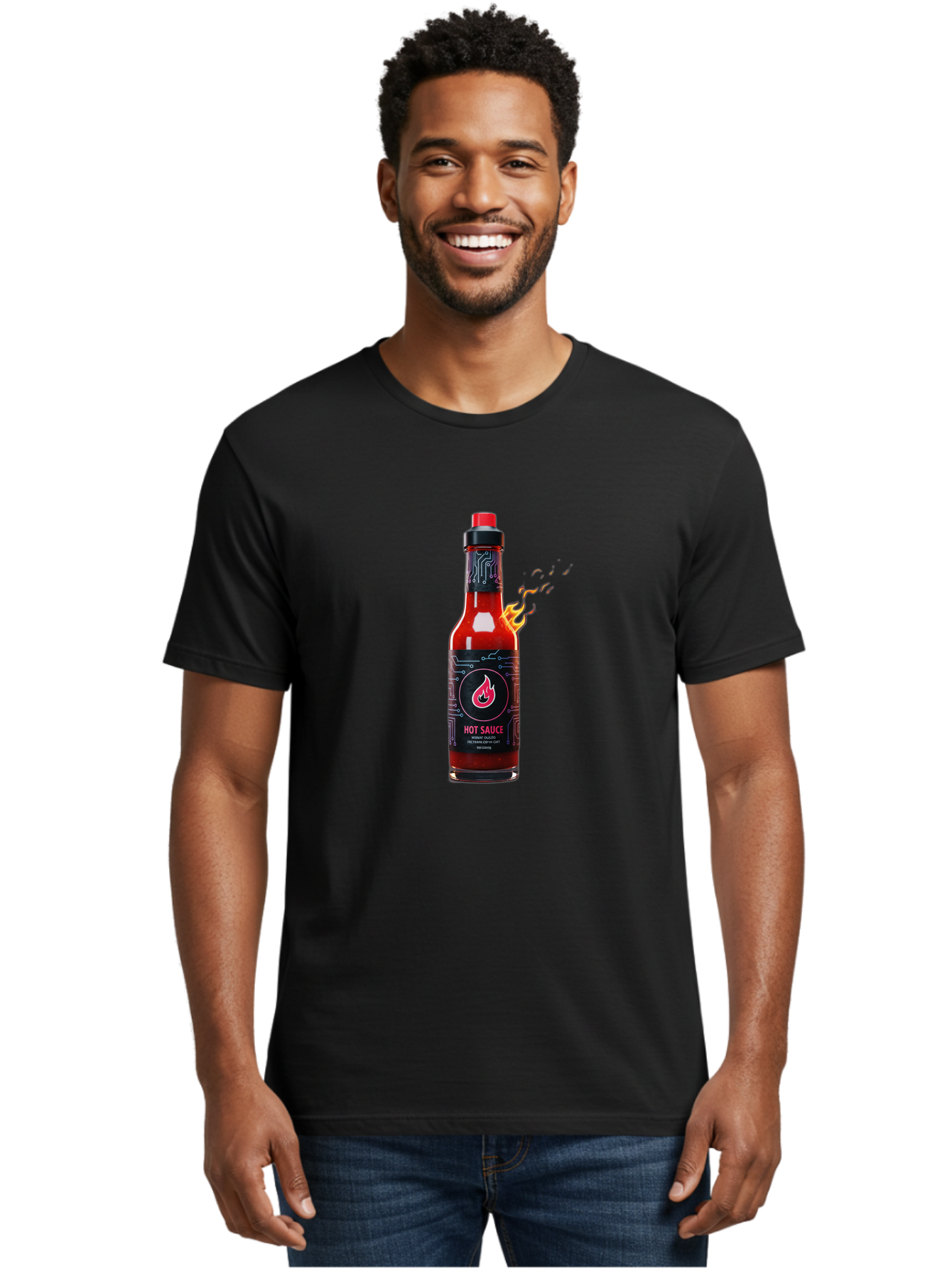 Hot-Sauce-5 Men'S Graphic Tee, 100% Cotton, Comfortable Casual Summer Wear, Machine Washable, Hot Sauce Bottle, Spicy Condiment, Chili Pepper Sauce, Fiery Flavor, Red Sauce, Black Label, Circuit Design, Flames Baa817