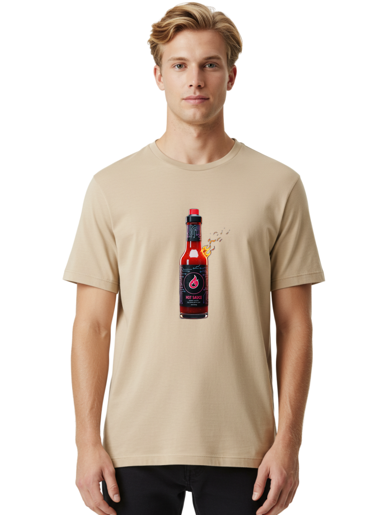 Hot-Sauce-5 Men'S Graphic Tee, 100% Cotton, Comfortable Casual Summer Wear, Machine Washable, Hot Sauce Bottle, Spicy Condiment, Chili Pepper Sauce, Fiery Flavor, Red Sauce, Black Label, Circuit Design, Flames Baa817