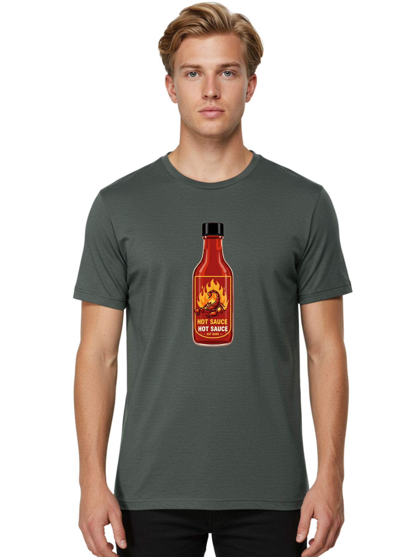 Hot-Sauce-7 Men'S Graphic Tee, 100% Cotton, Comfortable Casual Summer Wear, Machine Washable, Hot Sauce Bottle, Spicy Condiment, Fiery Flavor, Chili Peppers, Hot Sauce Label, Condiment Bottle, Spicy Food, Est Dakk Baa819