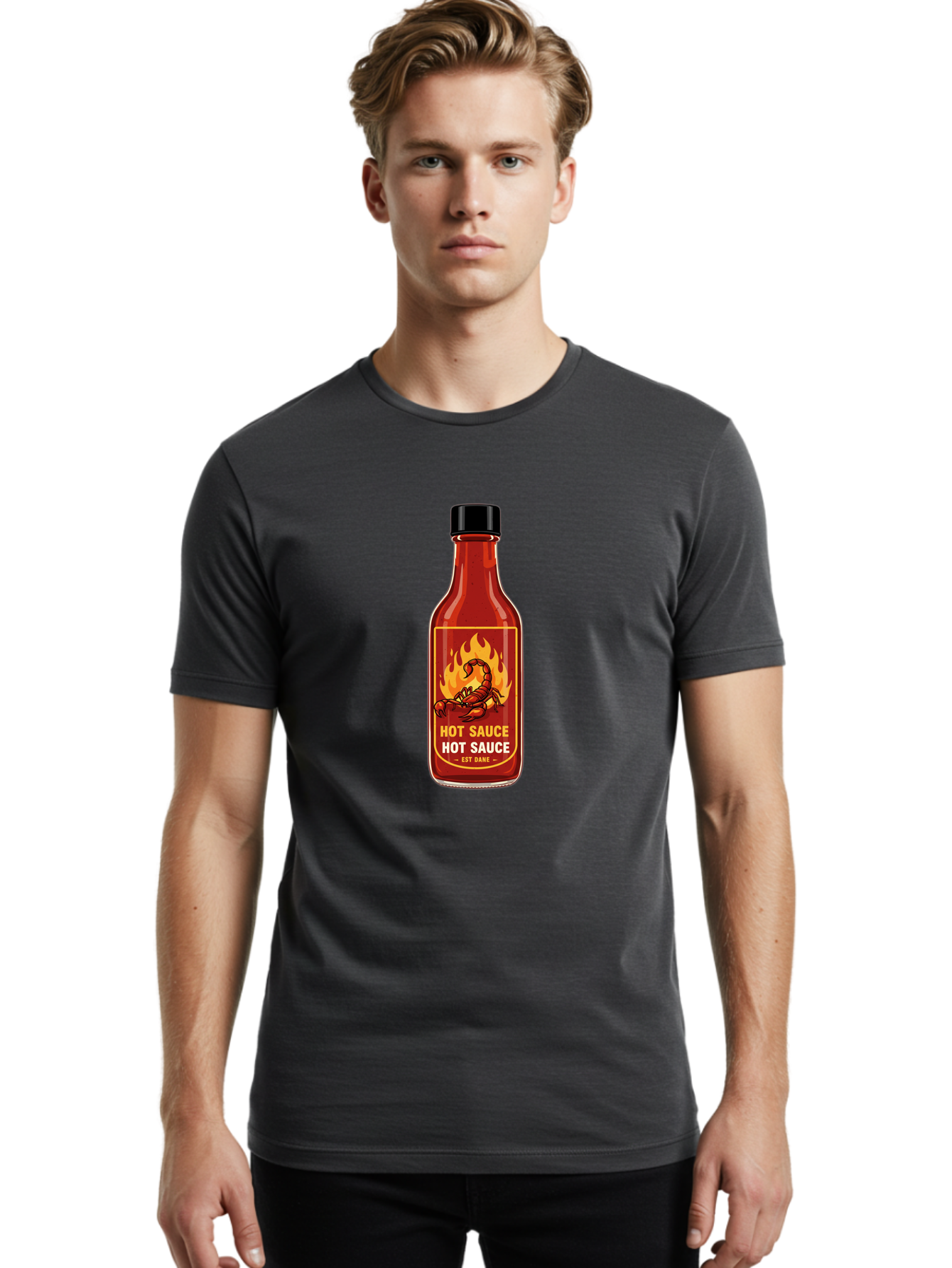 Hot-Sauce-7 Men'S Graphic Tee, 100% Cotton, Comfortable Casual Summer Wear, Machine Washable, Hot Sauce Bottle, Spicy Condiment, Fiery Flavor, Chili Peppers, Hot Sauce Label, Condiment Bottle, Spicy Food, Est Dakk Baa819
