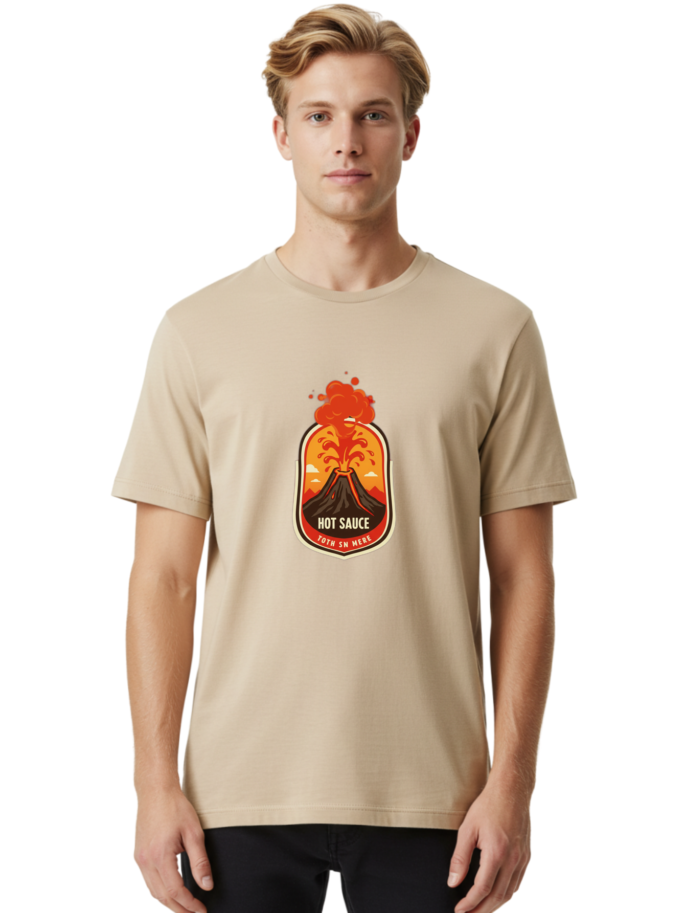 Hot-Sauce-8 Men'S Graphic Tee, 100% Cotton, Comfortable Casual Summer Wear, Machine Washable, Hot Sauce Label, Erupting Volcano, Spicy Food, Condiment Packaging, Fiery Design, Bold Graphics, Cartoon Style, Volcano Eruption, Condiment Branding Baa820