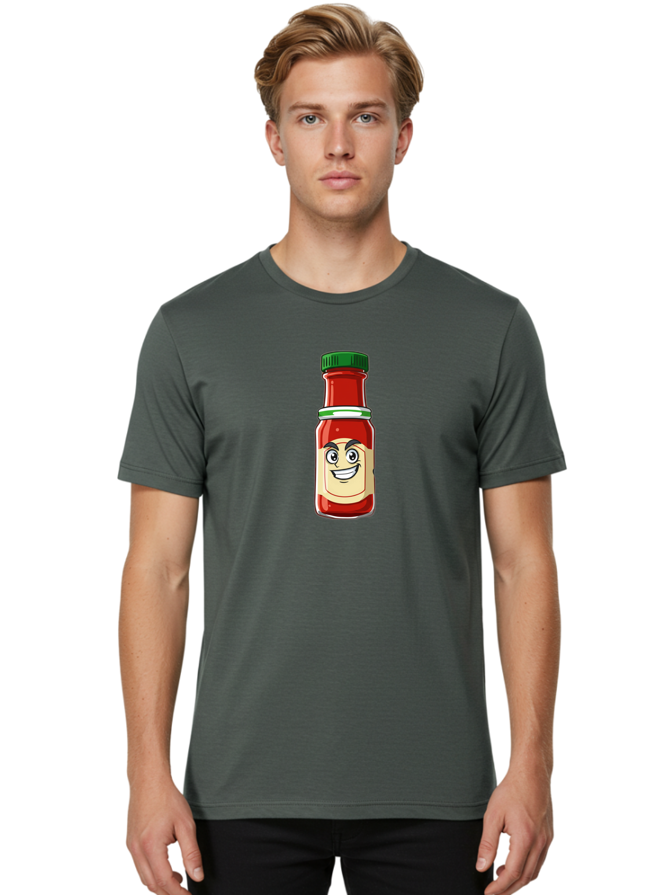 Hot-Sauce-Bottle-1 Men'S Graphic Tee, 100% Cotton, Comfortable Casual Summer Wear, Machine Washable, Cartoon Hot Sauce, Smiling Face, Red Sauce, Green Cap, Condiment Bottle, Humorous Illustration, Ketchup Alternative, Spicy Food, Baa822