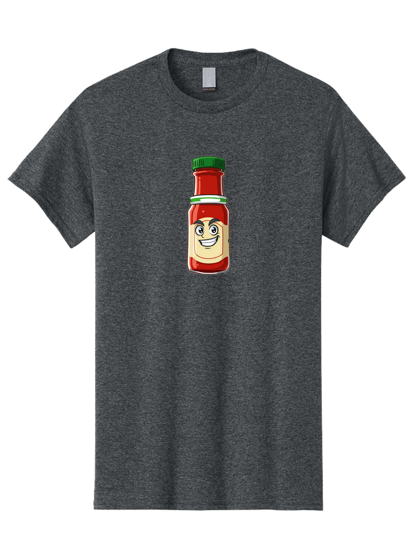 Hot-Sauce-Bottle-1 Men'S Graphic Tee, 100% Cotton, Comfortable Casual Summer Wear, Machine Washable, Cartoon Hot Sauce, Smiling Face, Red Sauce, Green Cap, Condiment Bottle, Humorous Illustration, Ketchup Alternative, Spicy Food, Baa822