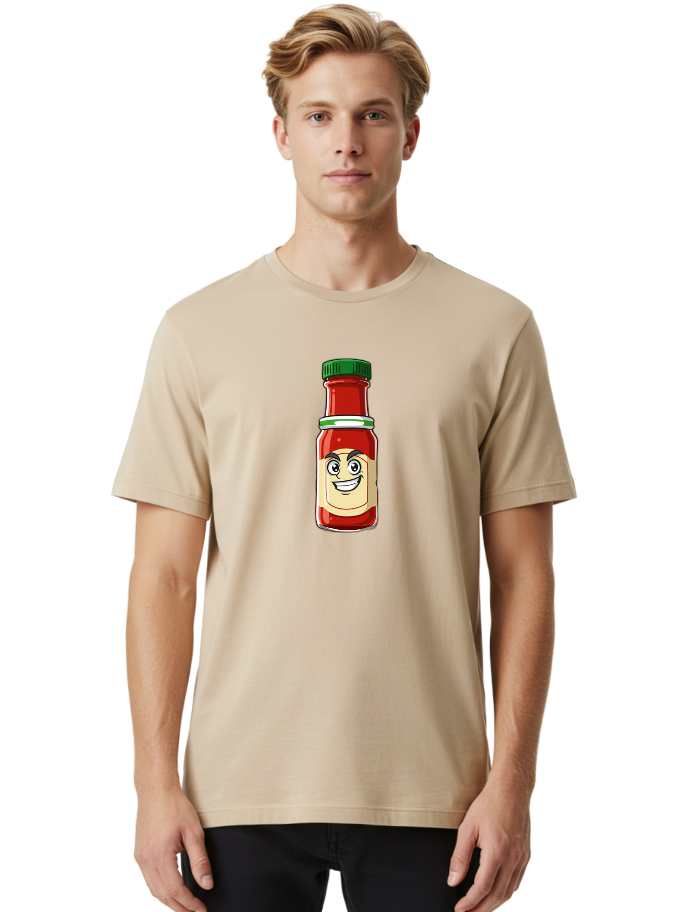 Hot-Sauce-Bottle-1 Men'S Graphic Tee, 100% Cotton, Comfortable Casual Summer Wear, Machine Washable, Cartoon Hot Sauce, Smiling Face, Red Sauce, Green Cap, Condiment Bottle, Humorous Illustration, Ketchup Alternative, Spicy Food, Baa822