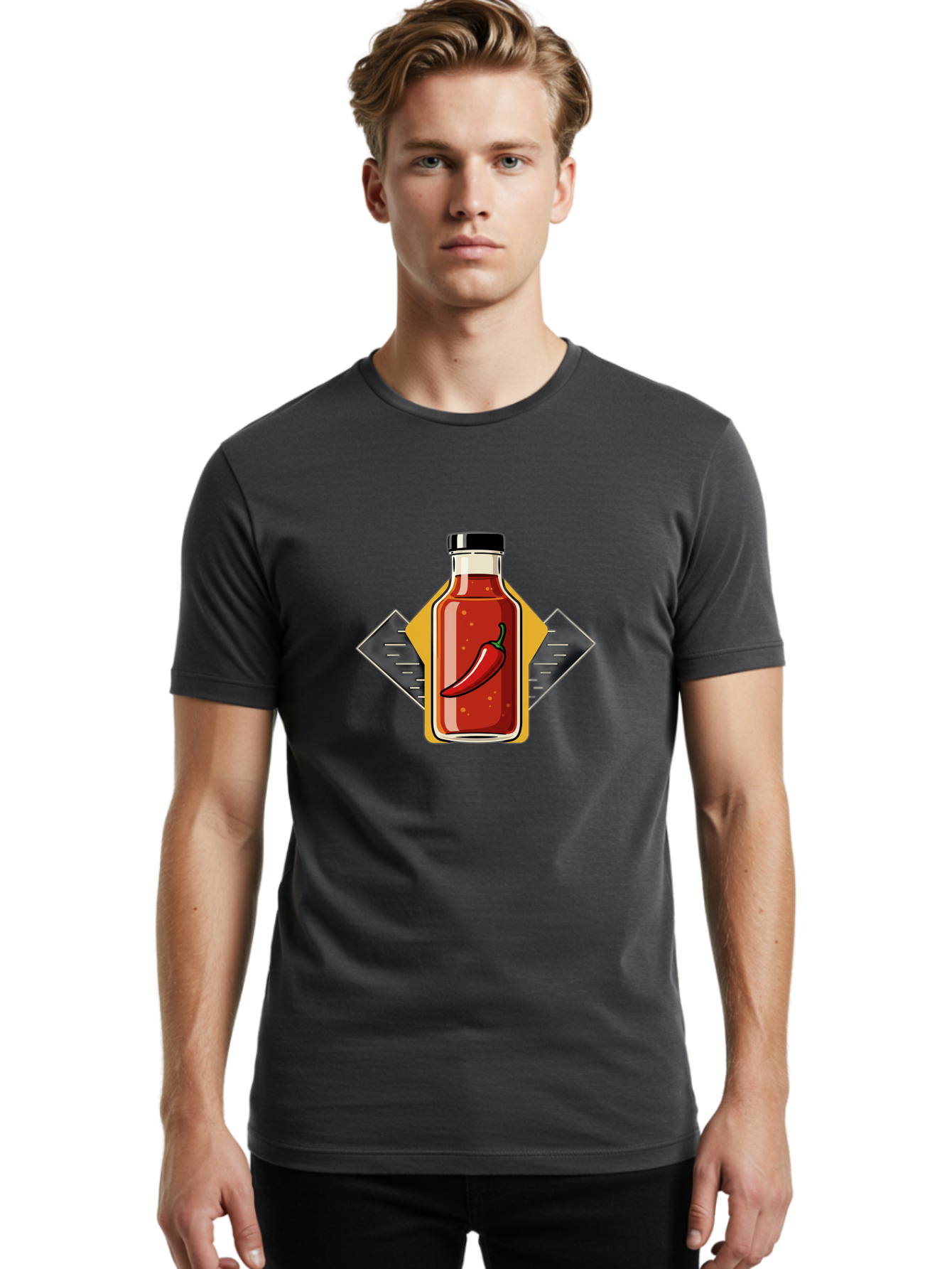 Hot-Sauce-Bottle-12 Men'S Graphic Tee, 100% Cotton, Comfortable Casual Summer Wear, Machine Washable, Hot Sauce, Chili Pepper, Spicy Food, Condiment, Kitchen Essentials, Flavorful Cuisine, Spicy Condiments, Hot Sauce Bottle Baa825