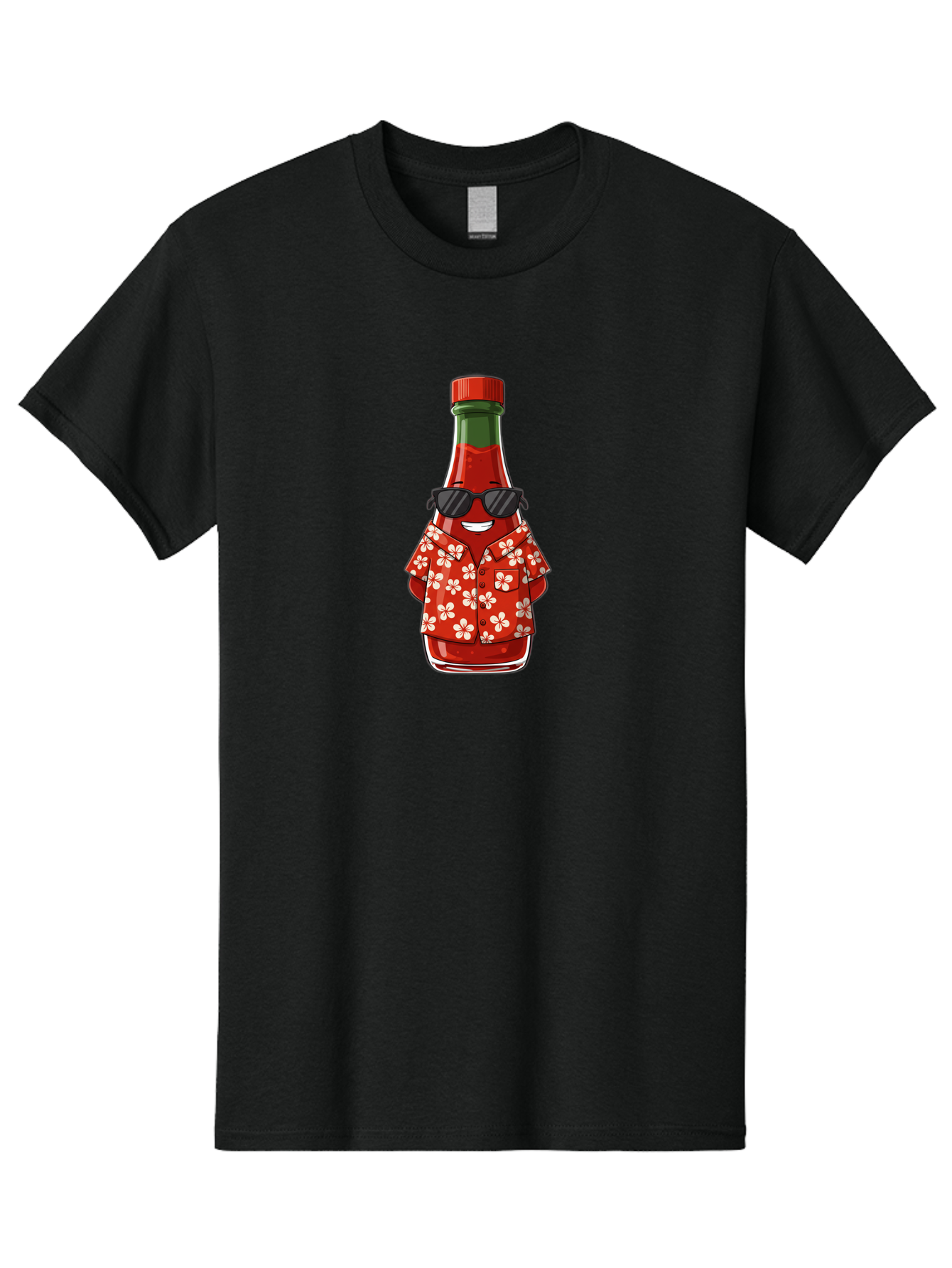 Hot-Sauce-Bottle-2 Men'S Graphic Tee, 100% Cotton, Comfortable Casual Summer Wear, Machine Washable, Sriracha Bottle Character, Cartoon Hot Sauce, Sriracha Mascot, Hot Sauce Bottle, Sunglasses, Hawaiian Shirt, White Flowers, Baa826