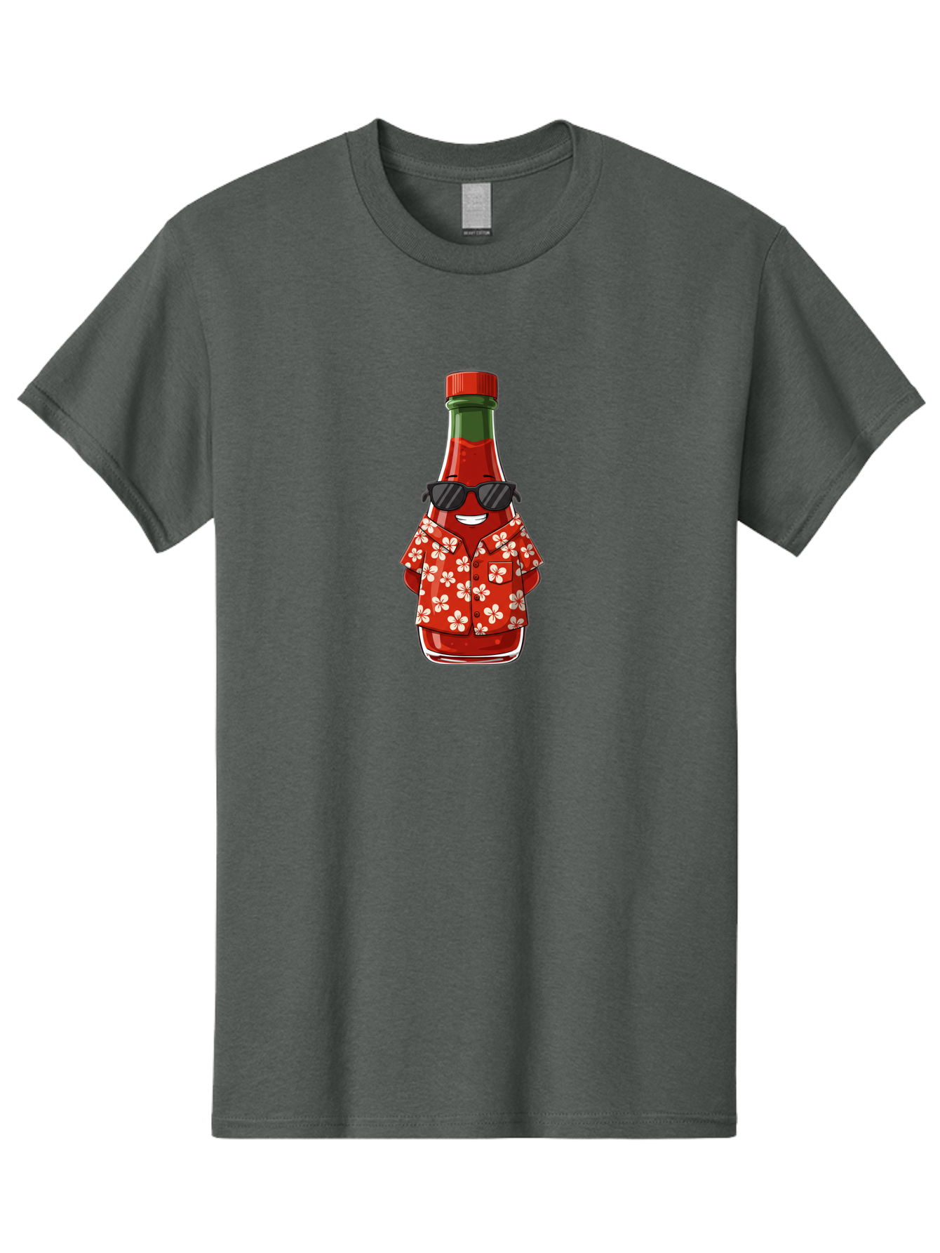 Hot-Sauce-Bottle-2 Men'S Graphic Tee, 100% Cotton, Comfortable Casual Summer Wear, Machine Washable, Sriracha Bottle Character, Cartoon Hot Sauce, Sriracha Mascot, Hot Sauce Bottle, Sunglasses, Hawaiian Shirt, White Flowers, Baa826