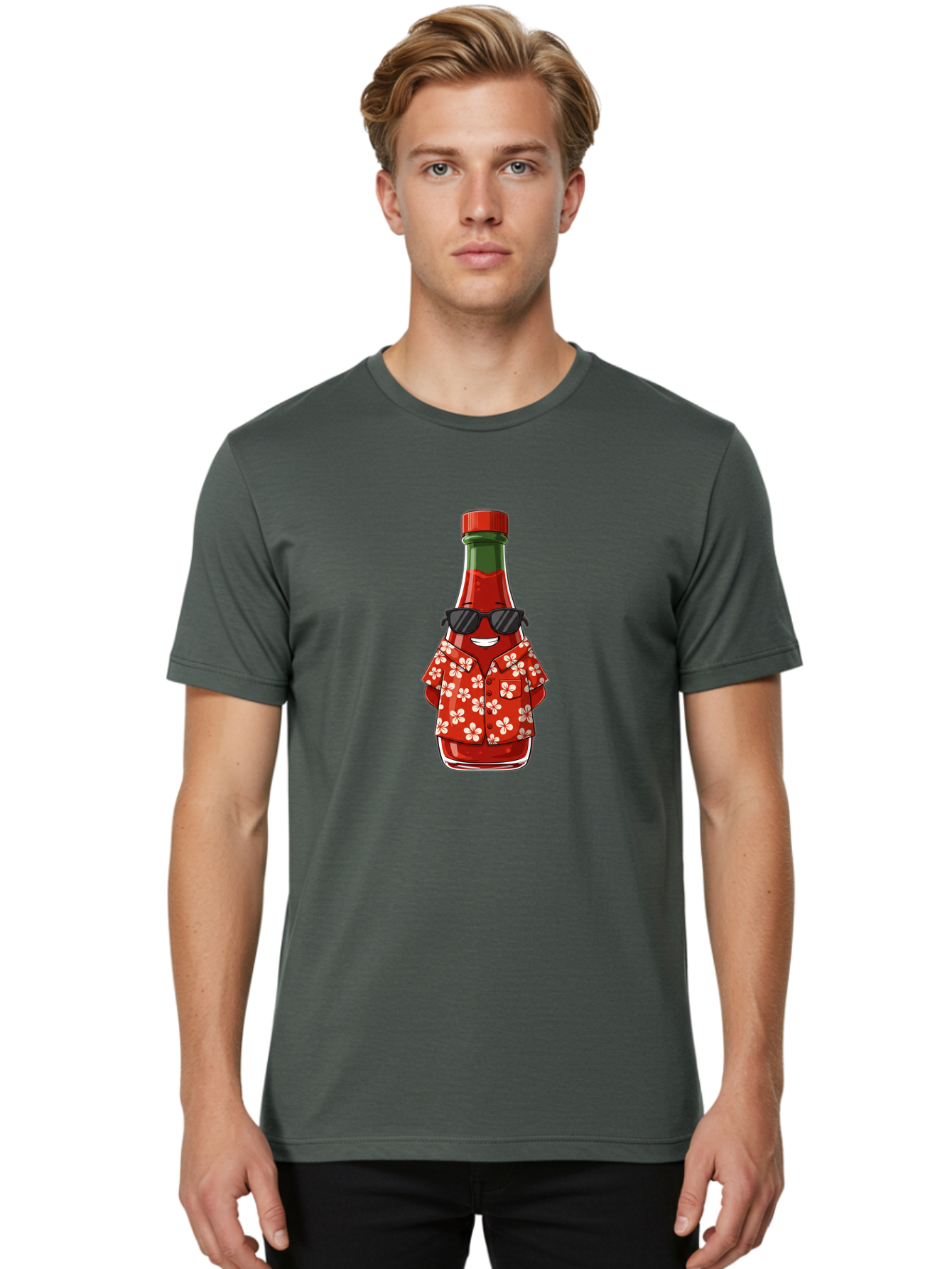 Hot-Sauce-Bottle-2 Men'S Graphic Tee, 100% Cotton, Comfortable Casual Summer Wear, Machine Washable, Sriracha Bottle Character, Cartoon Hot Sauce, Sriracha Mascot, Hot Sauce Bottle, Sunglasses, Hawaiian Shirt, White Flowers, Baa826