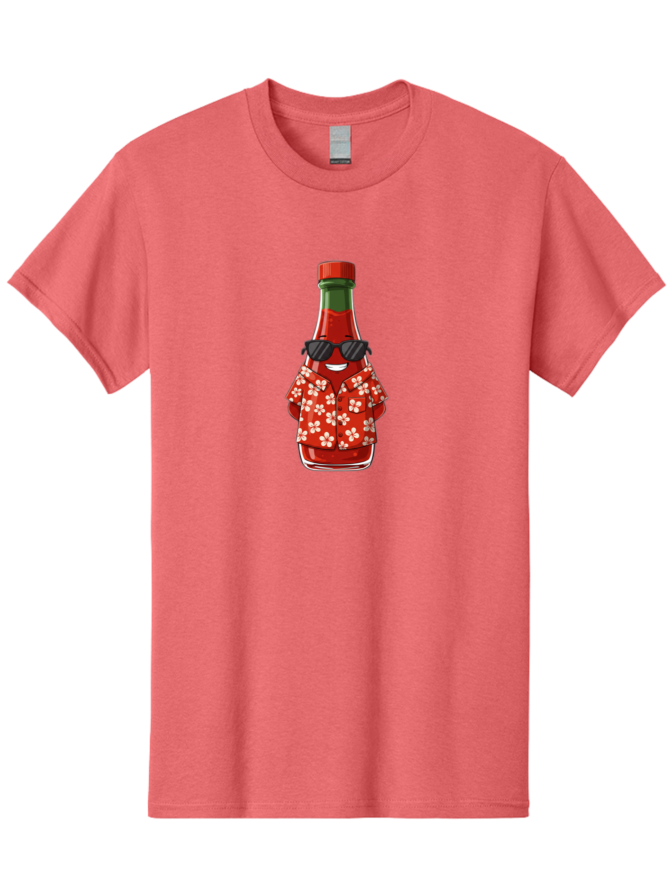 Hot-Sauce-Bottle-2 Men'S Graphic Tee, 100% Cotton, Comfortable Casual Summer Wear, Machine Washable, Sriracha Bottle Character, Cartoon Hot Sauce, Sriracha Mascot, Hot Sauce Bottle, Sunglasses, Hawaiian Shirt, White Flowers, Baa826