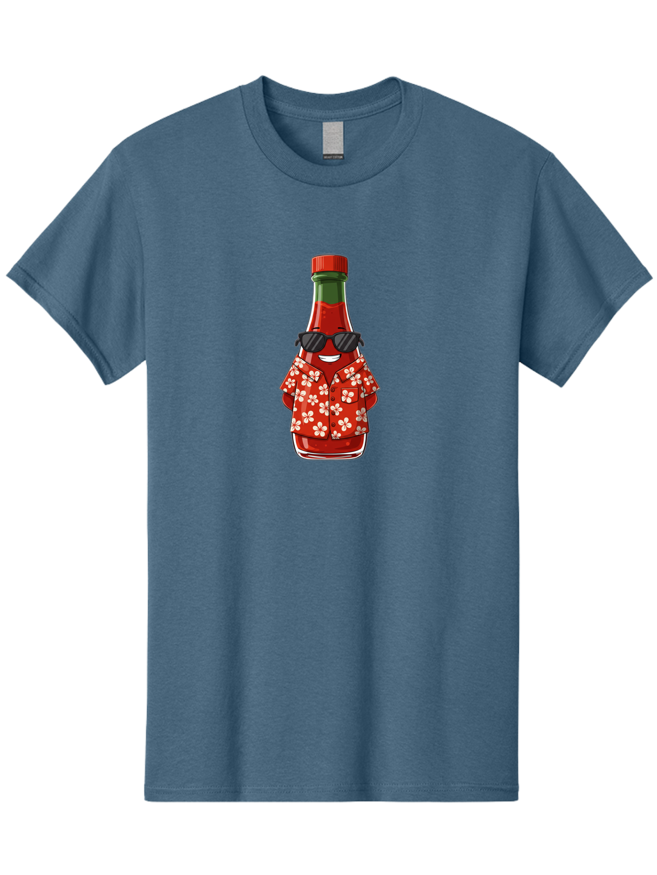 Hot-Sauce-Bottle-2 Men'S Graphic Tee, 100% Cotton, Comfortable Casual Summer Wear, Machine Washable, Sriracha Bottle Character, Cartoon Hot Sauce, Sriracha Mascot, Hot Sauce Bottle, Sunglasses, Hawaiian Shirt, White Flowers, Baa826