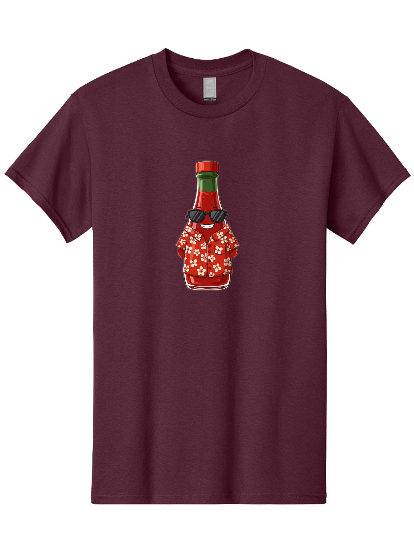 Hot-Sauce-Bottle-2 Men'S Graphic Tee, 100% Cotton, Comfortable Casual Summer Wear, Machine Washable, Sriracha Bottle Character, Cartoon Hot Sauce, Sriracha Mascot, Hot Sauce Bottle, Sunglasses, Hawaiian Shirt, White Flowers, Baa826