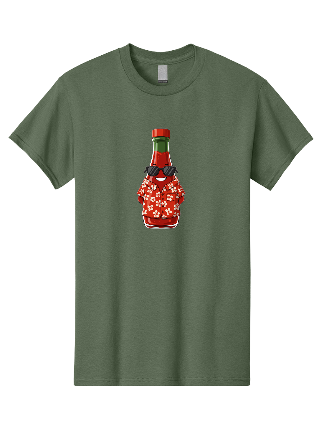 Hot-Sauce-Bottle-2 Men'S Graphic Tee, 100% Cotton, Comfortable Casual Summer Wear, Machine Washable, Sriracha Bottle Character, Cartoon Hot Sauce, Sriracha Mascot, Hot Sauce Bottle, Sunglasses, Hawaiian Shirt, White Flowers, Baa826