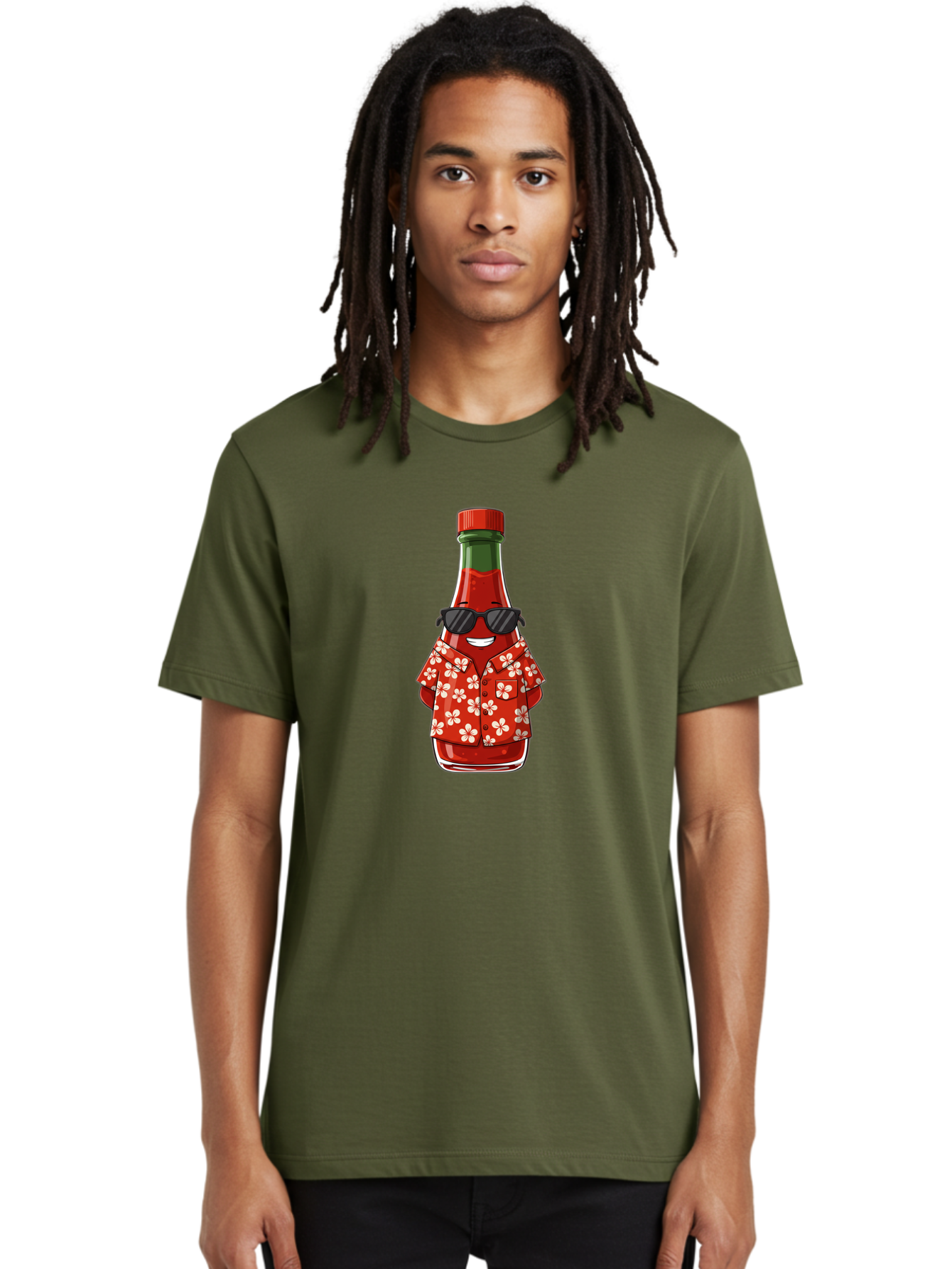 Hot-Sauce-Bottle-2 Men'S Graphic Tee, 100% Cotton, Comfortable Casual Summer Wear, Machine Washable, Sriracha Bottle Character, Cartoon Hot Sauce, Sriracha Mascot, Hot Sauce Bottle, Sunglasses, Hawaiian Shirt, White Flowers, Baa826