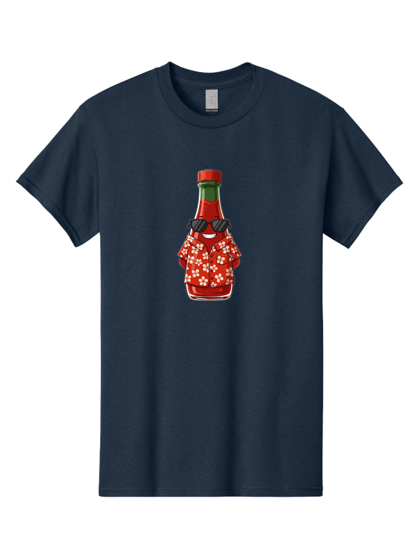 Hot-Sauce-Bottle-2 Men'S Graphic Tee, 100% Cotton, Comfortable Casual Summer Wear, Machine Washable, Sriracha Bottle Character, Cartoon Hot Sauce, Sriracha Mascot, Hot Sauce Bottle, Sunglasses, Hawaiian Shirt, White Flowers, Baa826