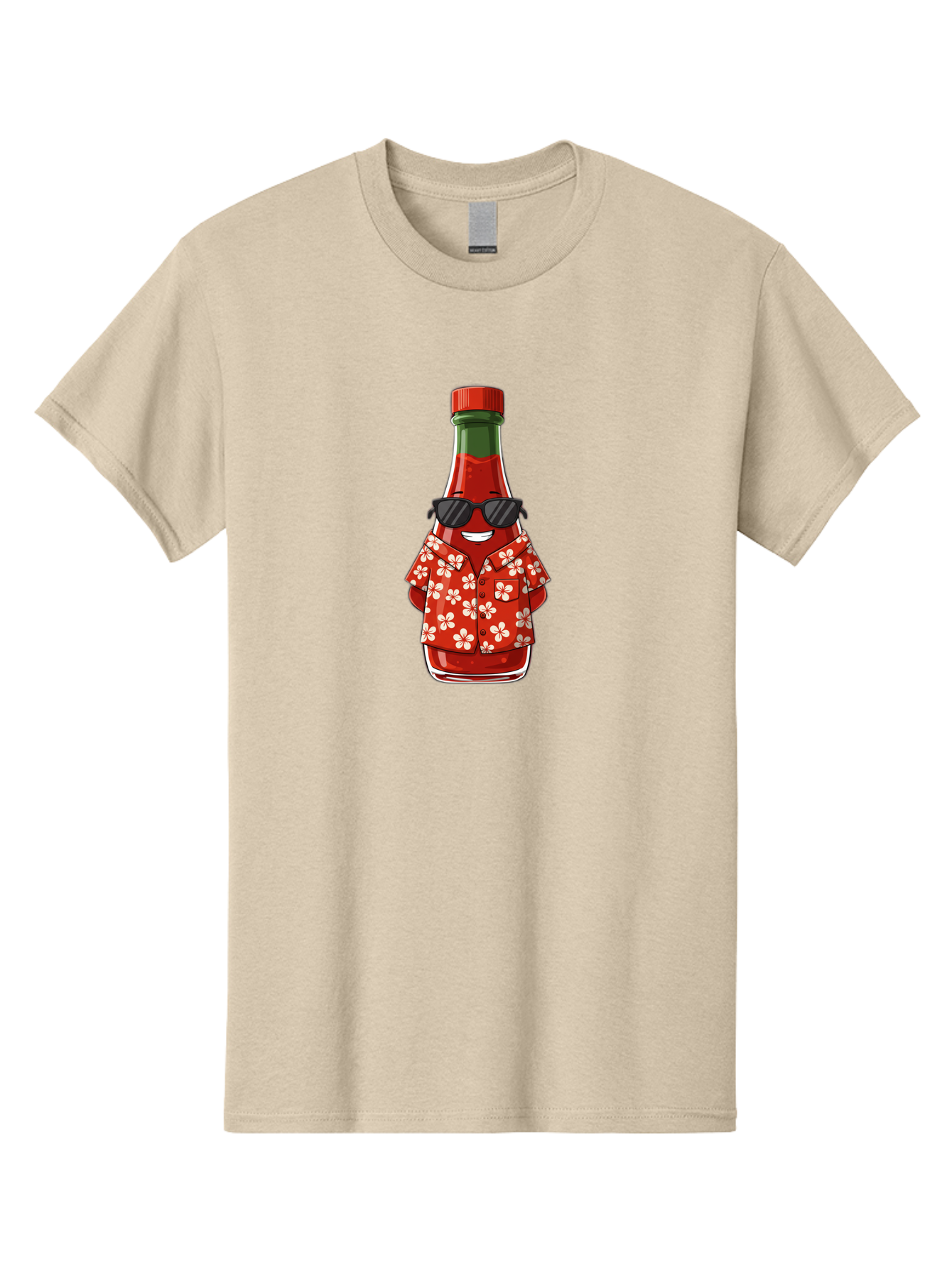 Hot-Sauce-Bottle-2 Men'S Graphic Tee, 100% Cotton, Comfortable Casual Summer Wear, Machine Washable, Sriracha Bottle Character, Cartoon Hot Sauce, Sriracha Mascot, Hot Sauce Bottle, Sunglasses, Hawaiian Shirt, White Flowers, Baa826