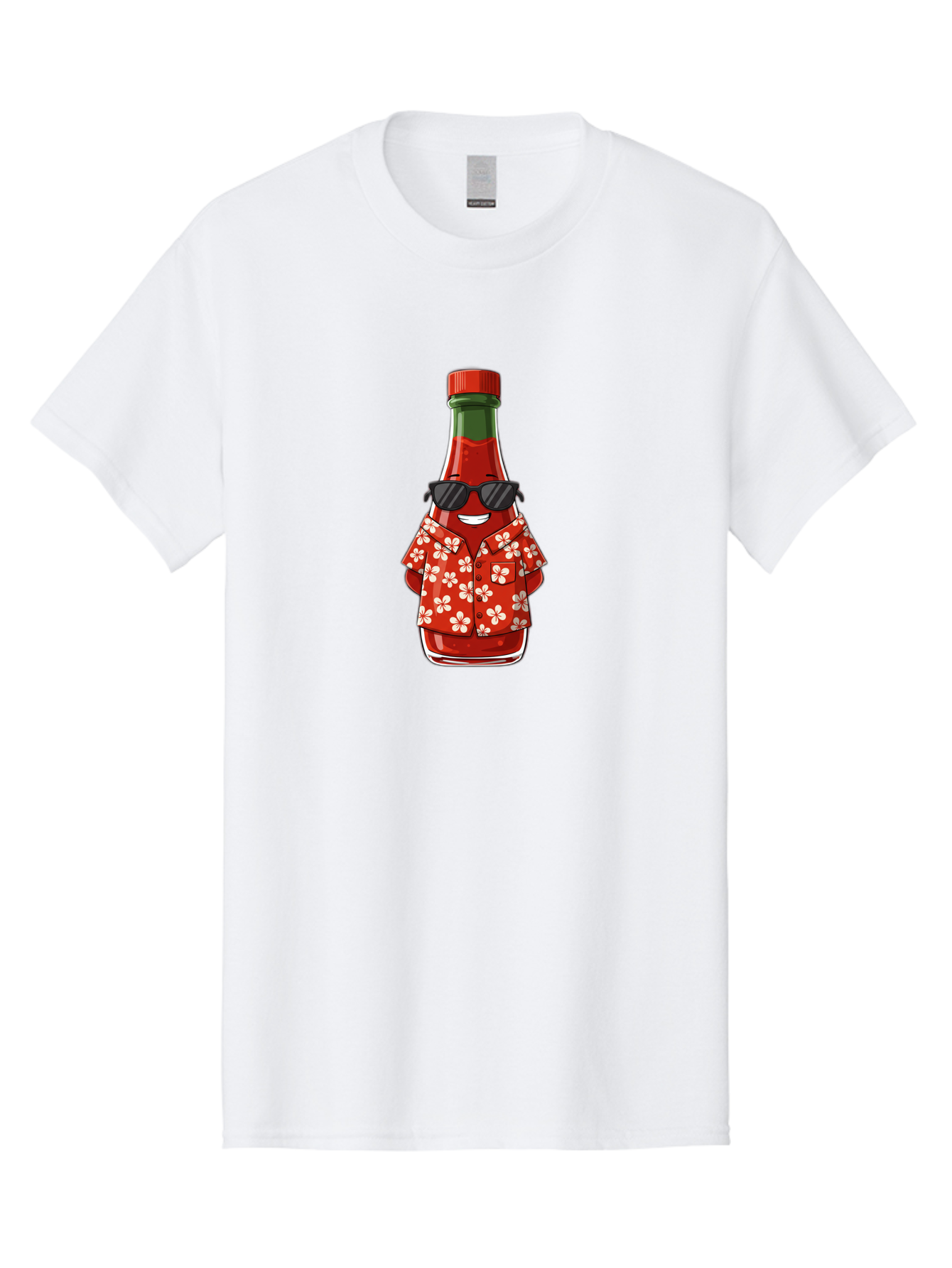 Hot-Sauce-Bottle-2 Men'S Graphic Tee, 100% Cotton, Comfortable Casual Summer Wear, Machine Washable, Sriracha Bottle Character, Cartoon Hot Sauce, Sriracha Mascot, Hot Sauce Bottle, Sunglasses, Hawaiian Shirt, White Flowers, Baa826