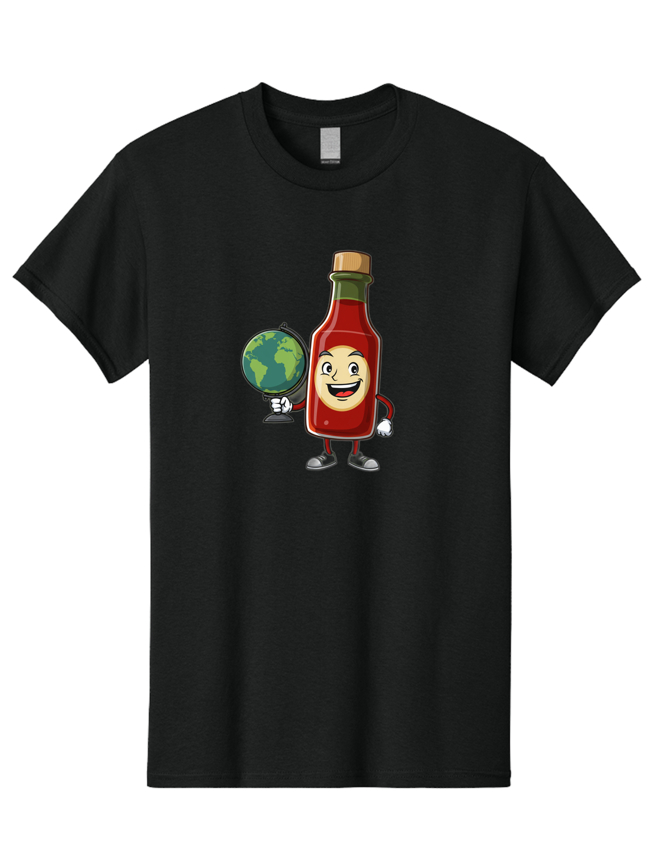 Hot-Sauce-Bottle-3 Men'S Graphic Tee, 100% Cotton, Comfortable Casual Summer Wear, Machine Washable, Hot Sauce Bottle Character, Cartoon Mascot, Smiling Face, Globe, Spicy Food, Condiment, Foodie Culture, Cartoon Style, Funny Illustration Baa827