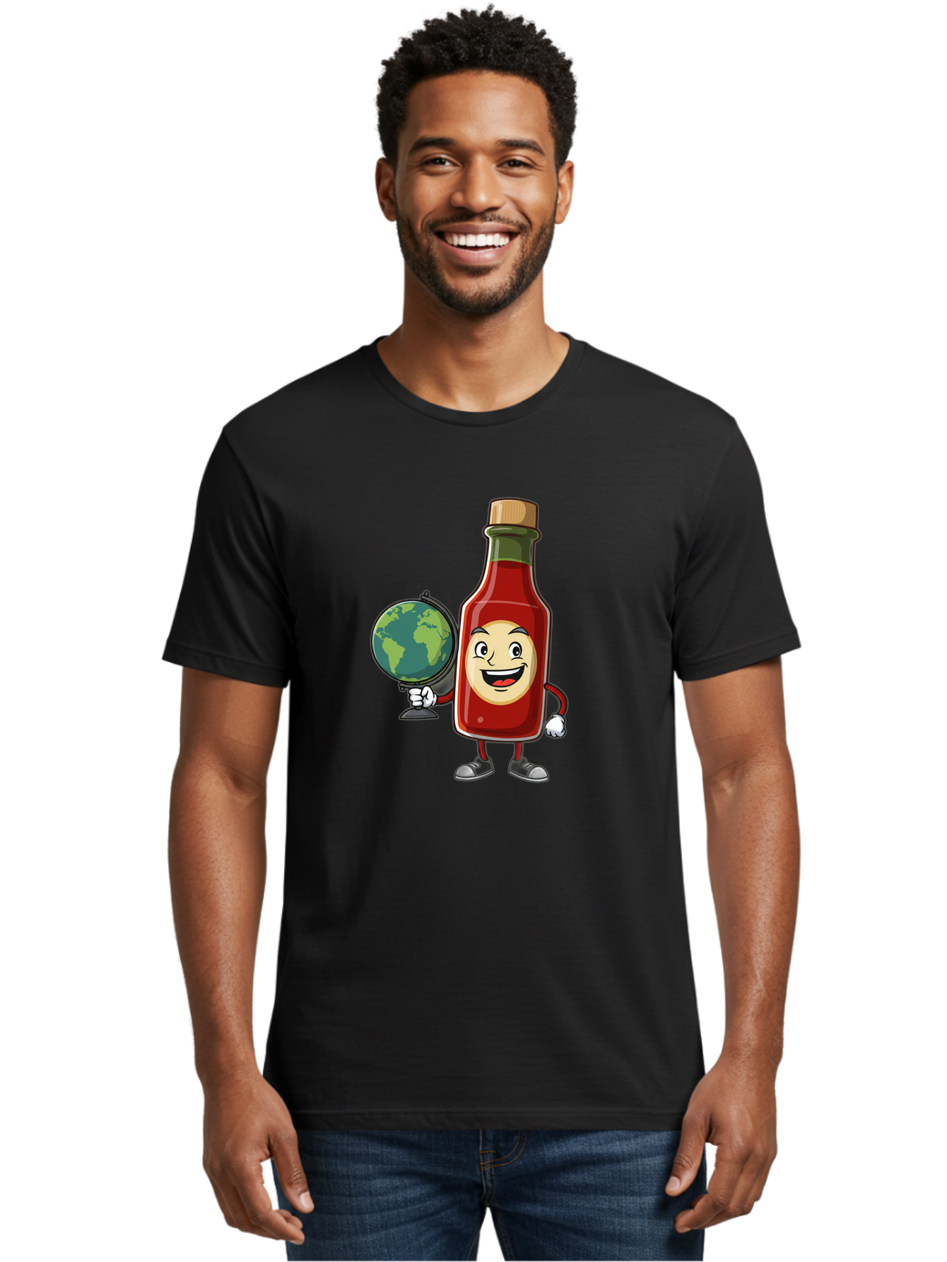 Hot-Sauce-Bottle-3 Men'S Graphic Tee, 100% Cotton, Comfortable Casual Summer Wear, Machine Washable, Hot Sauce Bottle Character, Cartoon Mascot, Smiling Face, Globe, Spicy Food, Condiment, Foodie Culture, Cartoon Style, Funny Illustration Baa827